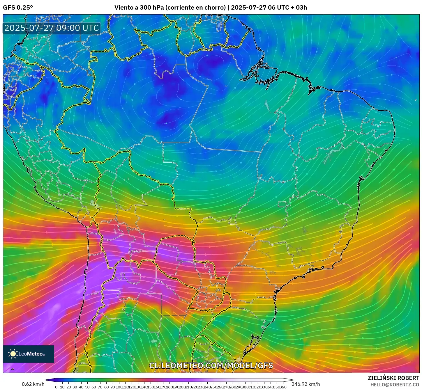 GFS model - Brasil, Viento a 300 hPa (corriente en chorro) GFS model - Brasil, Viento a 300 hPa (corriente en chorro)