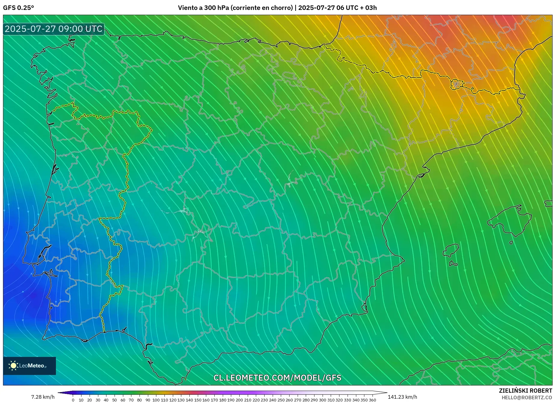 GFS model - España, Viento a 300 hPa (corriente en chorro) GFS model - España, Viento a 300 hPa (corriente en chorro)