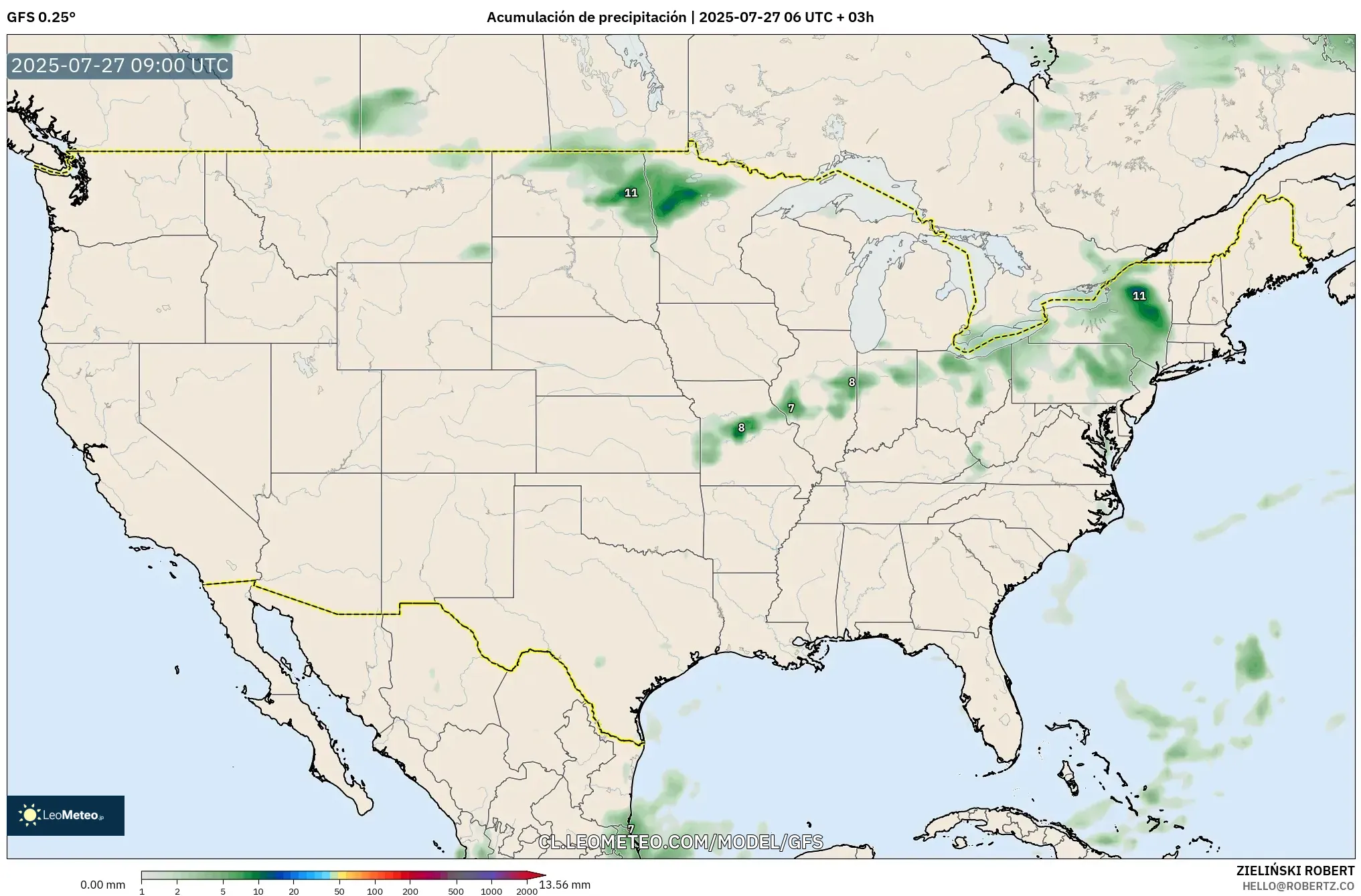 GFS model - Estados Unidos, Acumulación de precipitación GFS model - Estados Unidos, Acumulación de precipitación