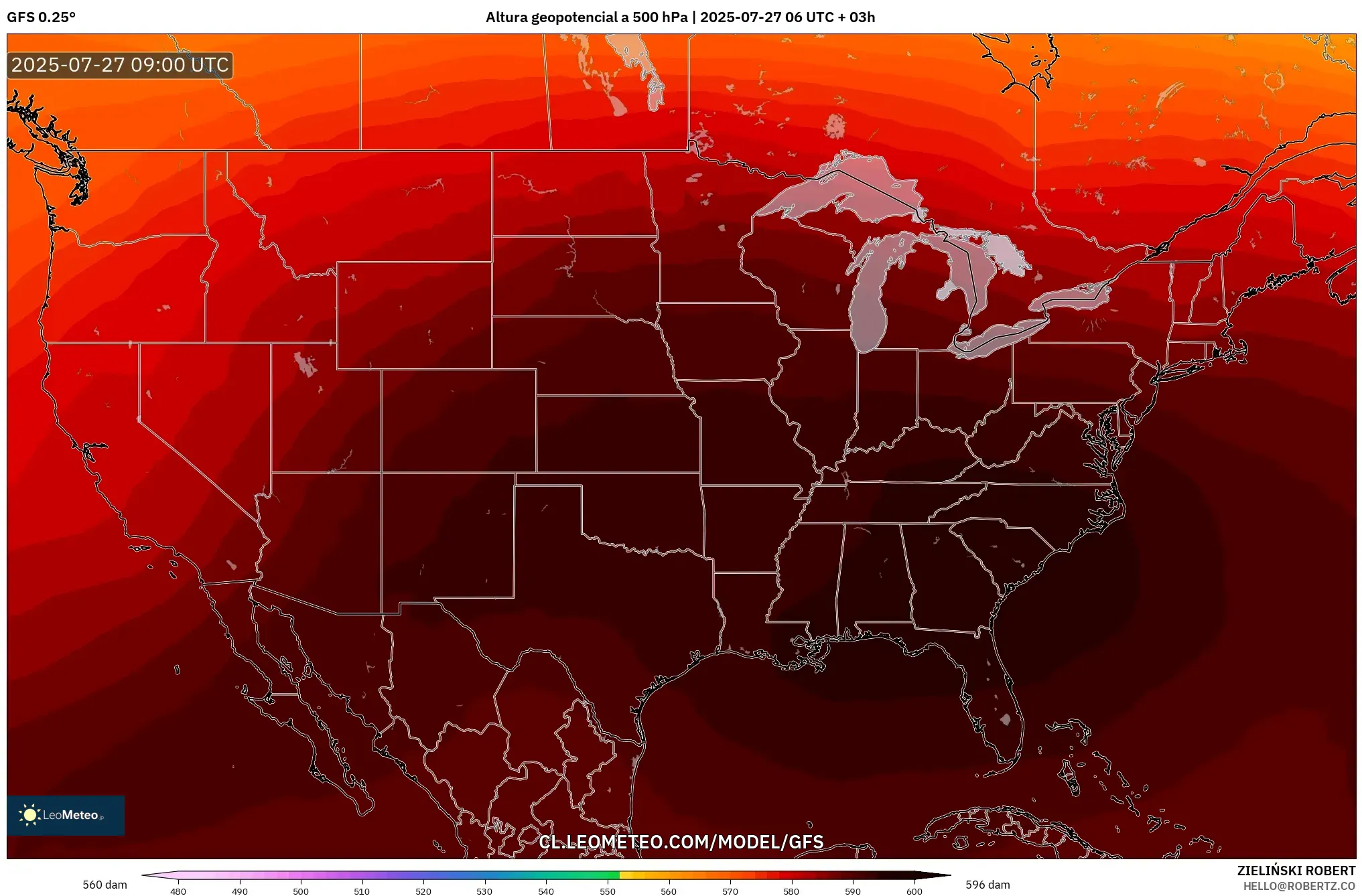GFS model - Estados Unidos, Altura geopotencial a 500 hPa GFS model - Estados Unidos, Altura geopotencial a 500 hPa