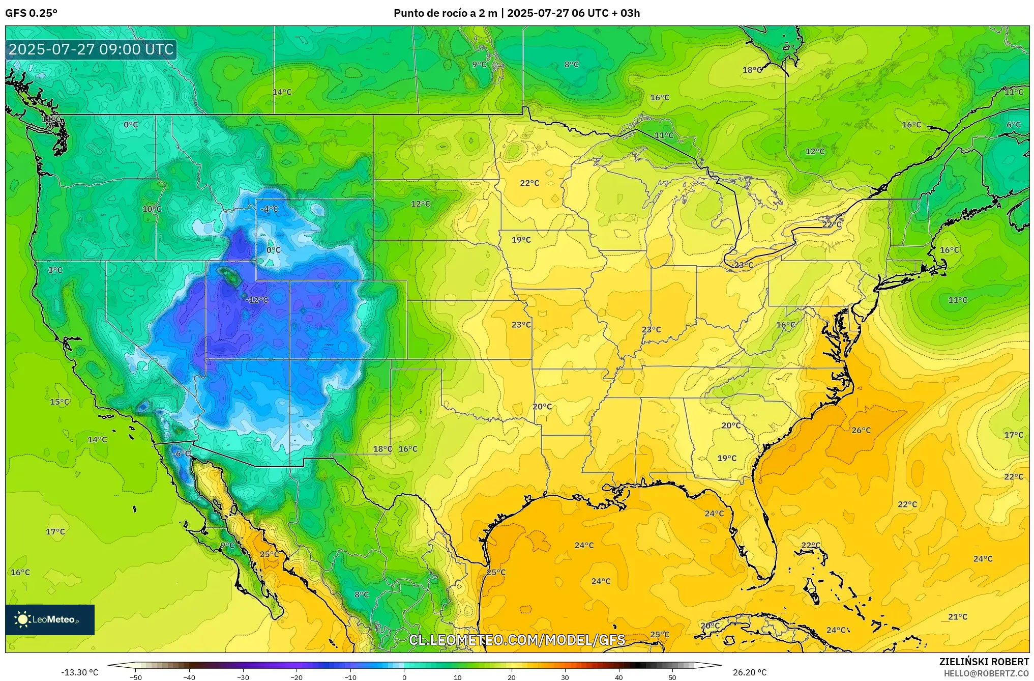 GFS model - Estados Unidos, Punto de rocío a 2 m GFS model - Estados Unidos, Punto de rocío a 2 m