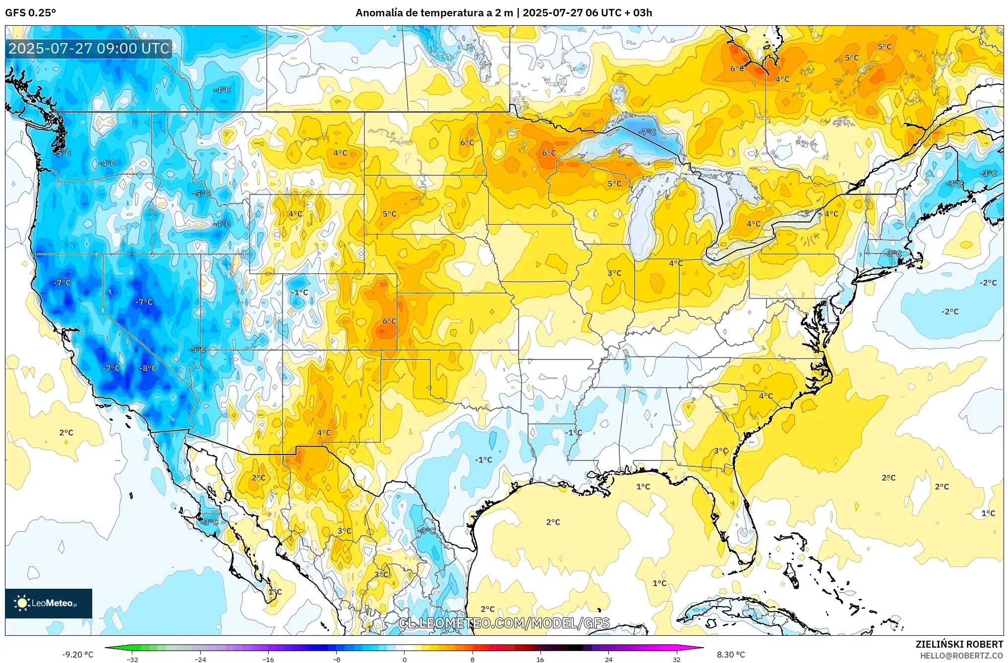 GFS model - Estados Unidos, Anomalía de temperatura a 2 m GFS model - Estados Unidos, Anomalía de temperatura a 2 m