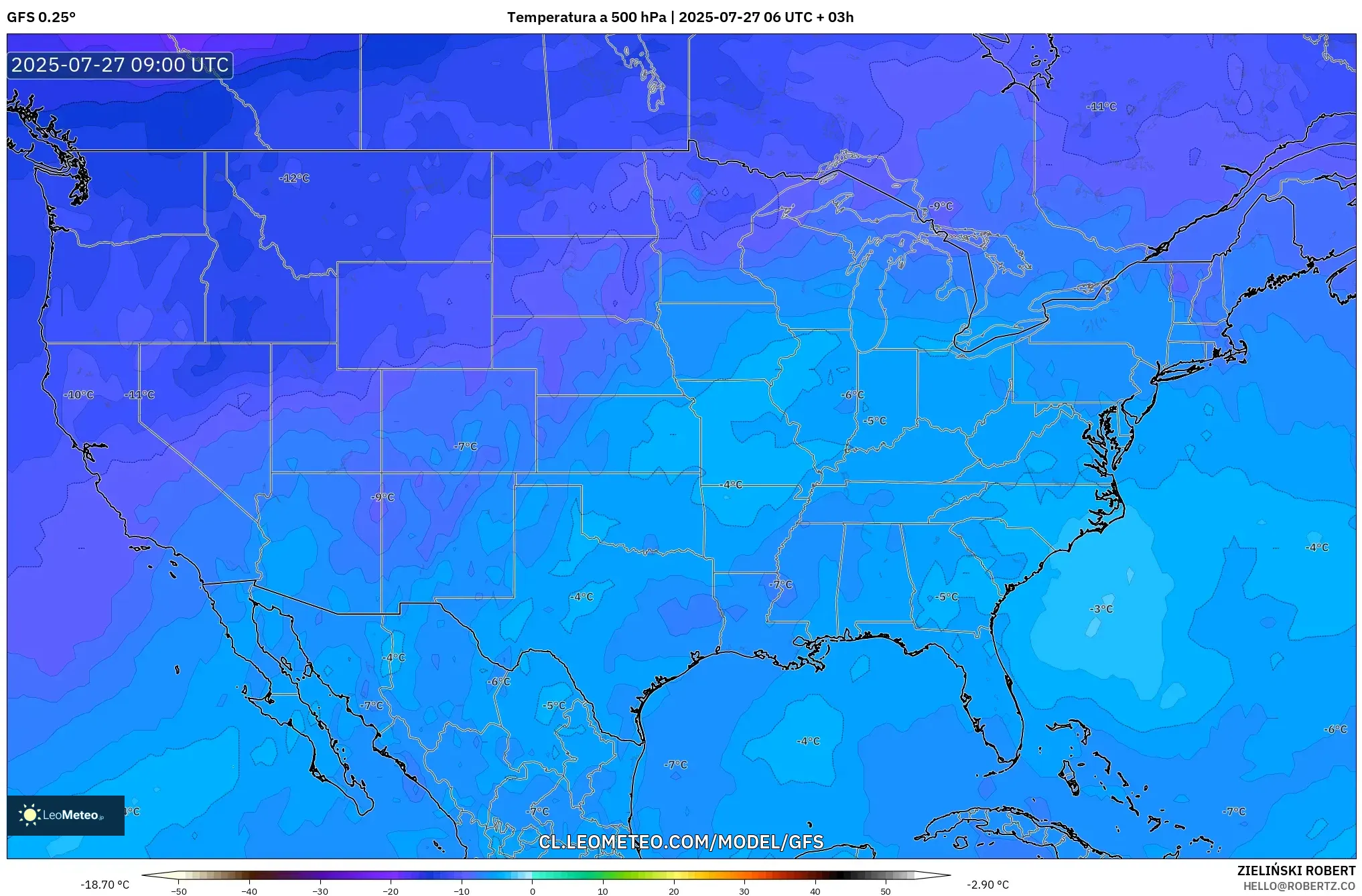 GFS model - Estados Unidos, Temperatura a 500 hPa GFS model - Estados Unidos, Temperatura a 500 hPa