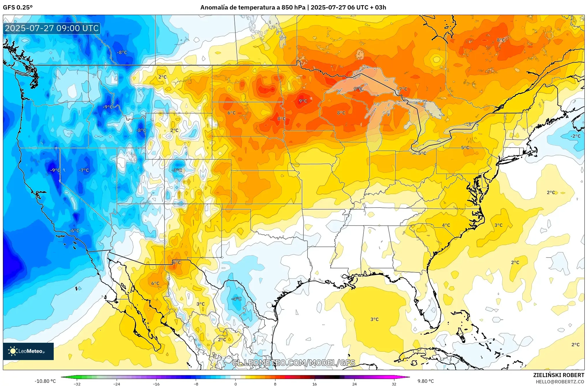 GFS model - Estados Unidos, Anomalía de temperatura a 850 hPa GFS model - Estados Unidos, Anomalía de temperatura a 850 hPa