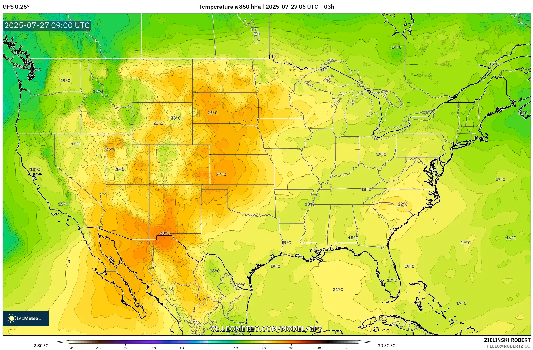 GFS model - Estados Unidos, Temperatura a 850 hPa GFS model - Estados Unidos, Temperatura a 850 hPa