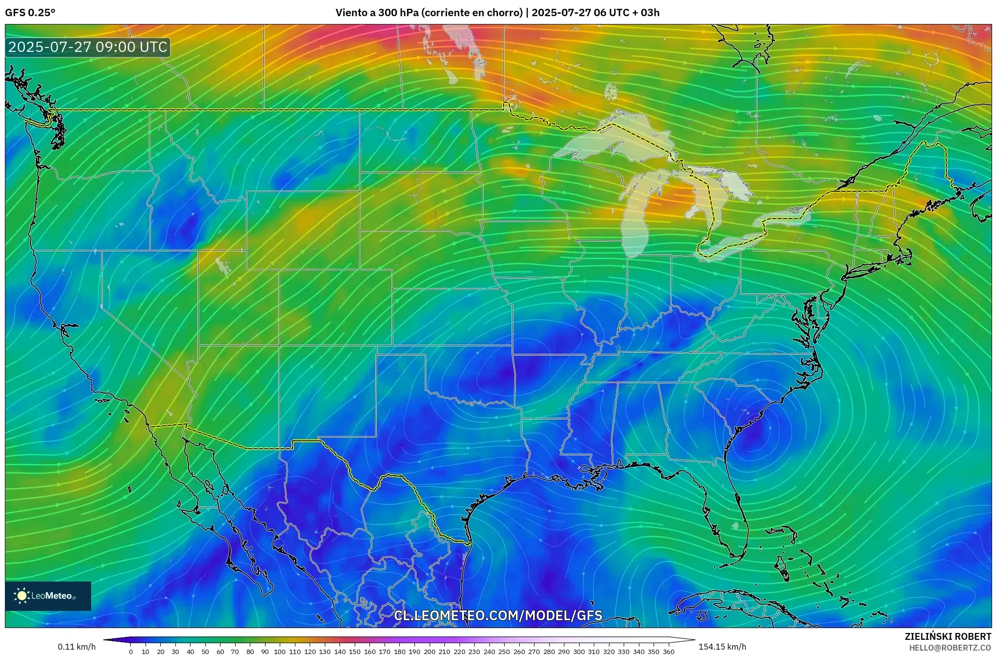 GFS model - Estados Unidos, Viento a 300 hPa (corriente en chorro) GFS model - Estados Unidos, Viento a 300 hPa (corriente en chorro)