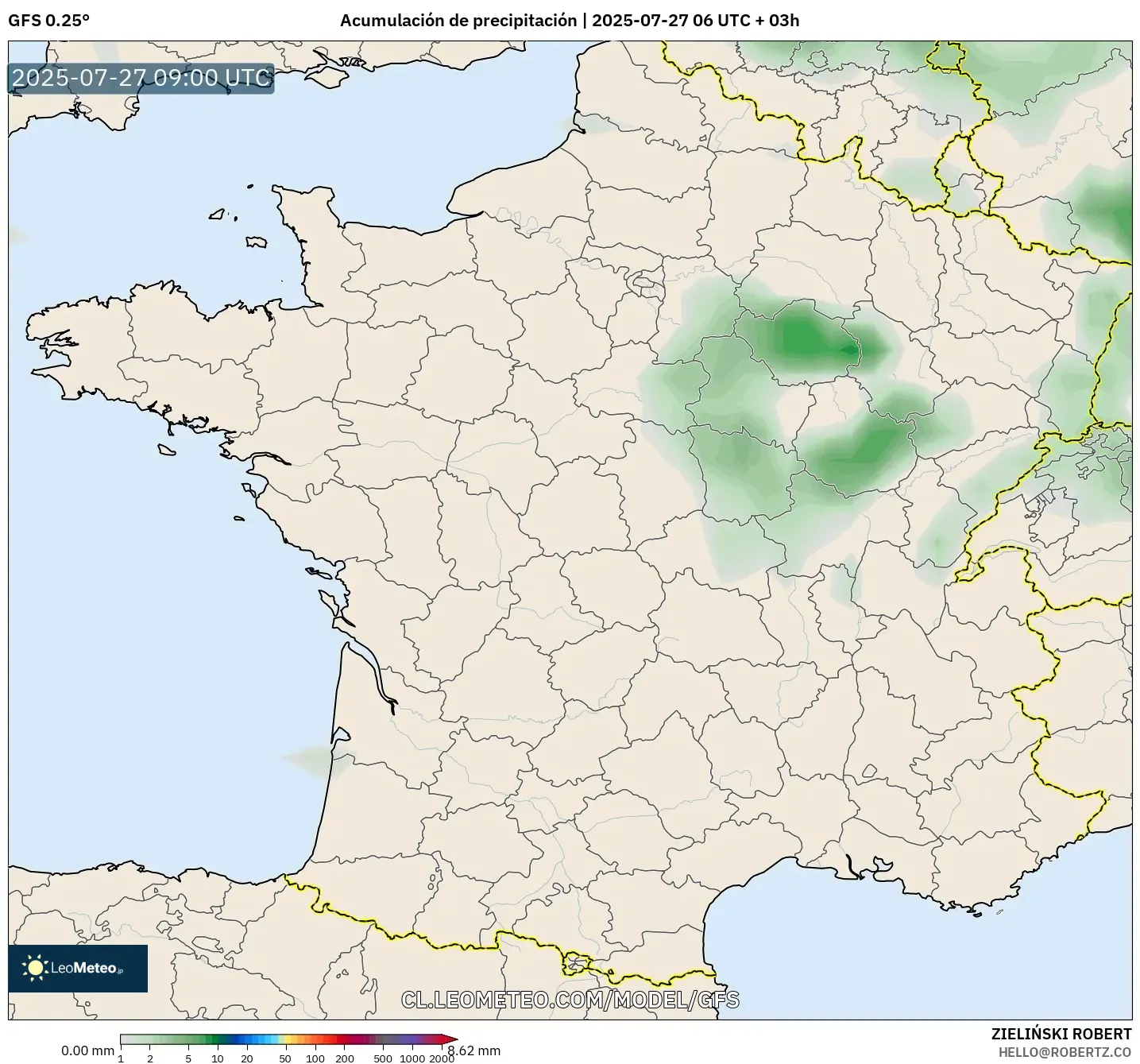 GFS model - Francia, Acumulación de precipitación GFS model - Francia, Acumulación de precipitación