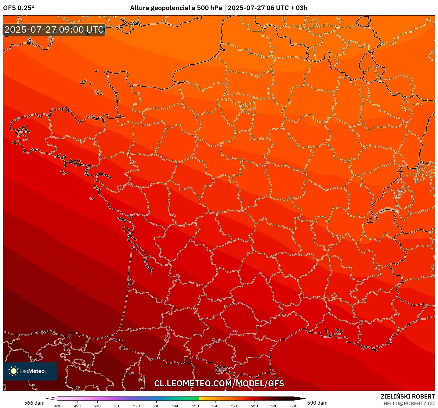 GFS model - Francia, Altura geopotencial a 500 hPa GFS model - Francia, Altura geopotencial a 500 hPa