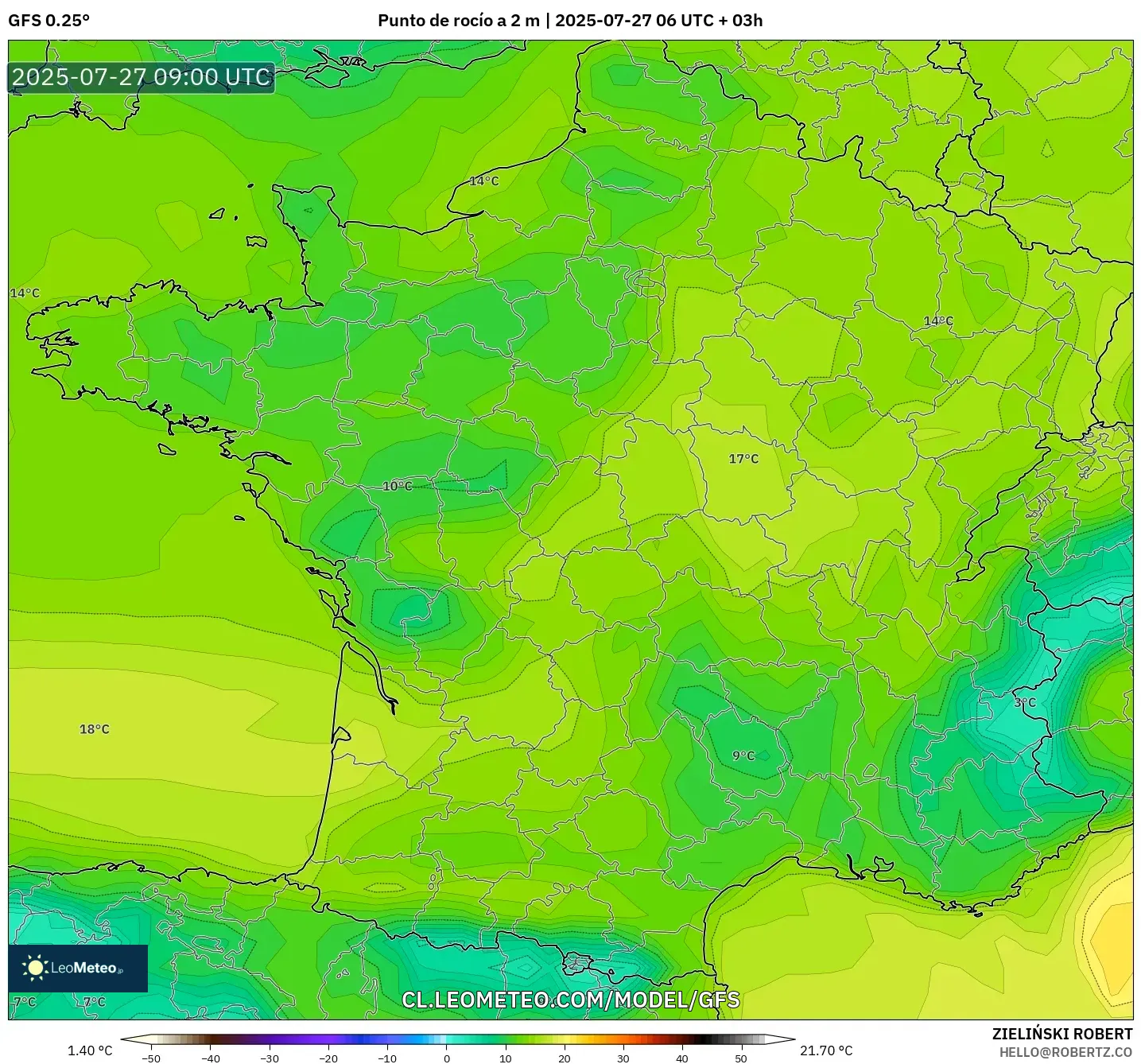 GFS model - Francia, Punto de rocío a 2 m GFS model - Francia, Punto de rocío a 2 m