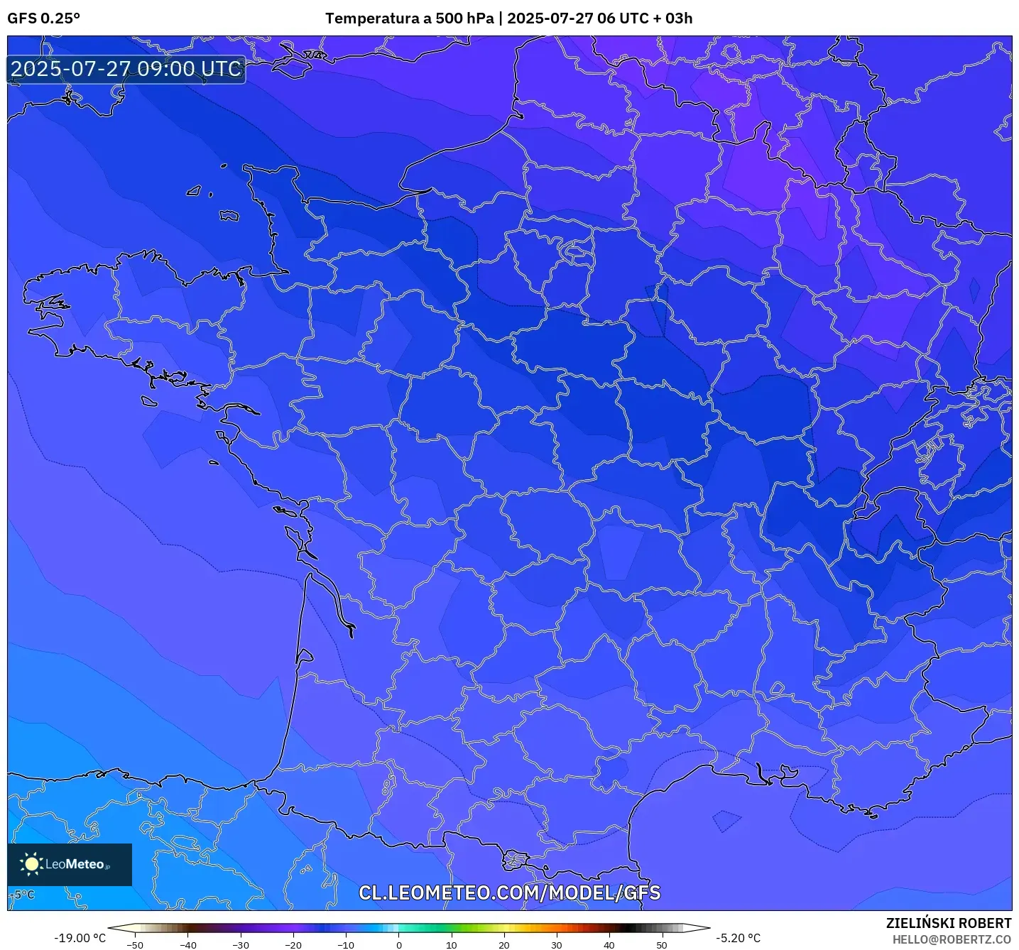 GFS model - Francia, Temperatura a 500 hPa GFS model - Francia, Temperatura a 500 hPa
