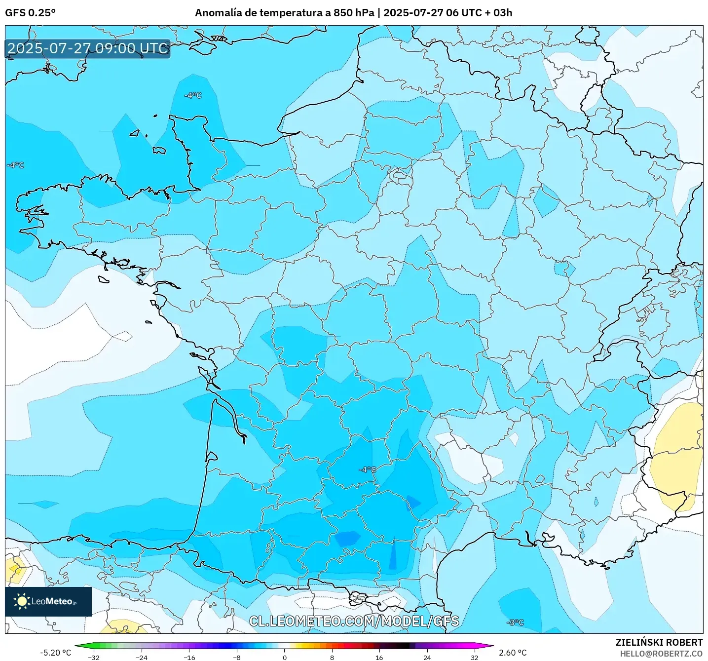 GFS model - Francia, Anomalía de temperatura a 850 hPa GFS model - Francia, Anomalía de temperatura a 850 hPa