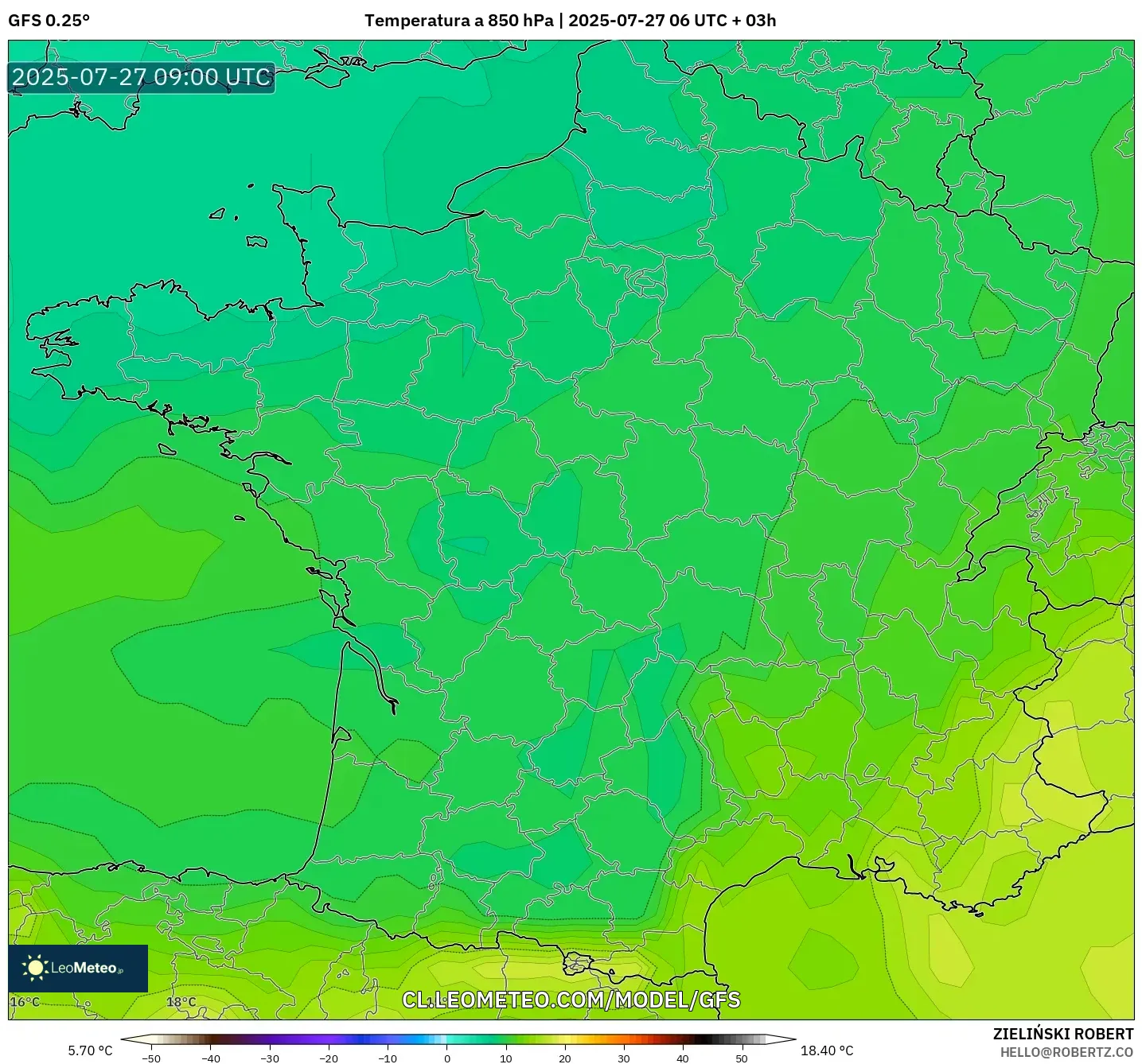 GFS model - Francia, Temperatura a 850 hPa