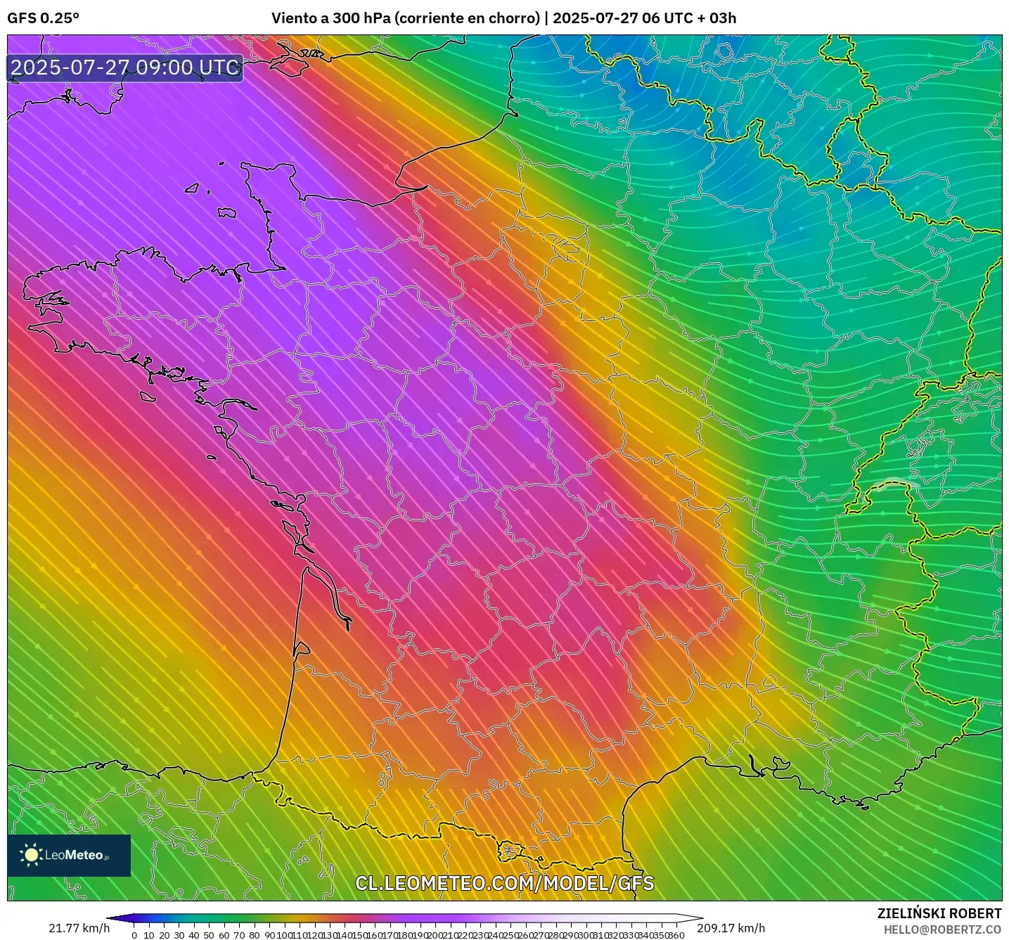 GFS model - Francia, Viento a 300 hPa (corriente en chorro)