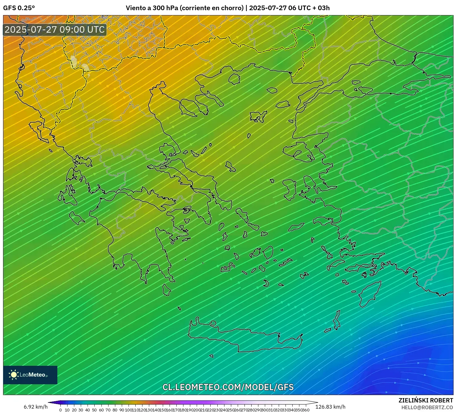 GFS model - Grecia, Viento a 300 hPa (corriente en chorro) GFS model - Grecia, Viento a 300 hPa (corriente en chorro)