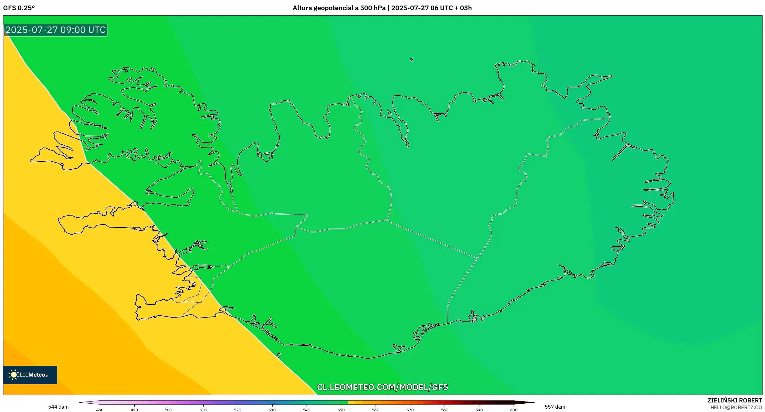 GFS model - Islandia, Altura geopotencial a 500 hPa GFS model - Islandia, Altura geopotencial a 500 hPa