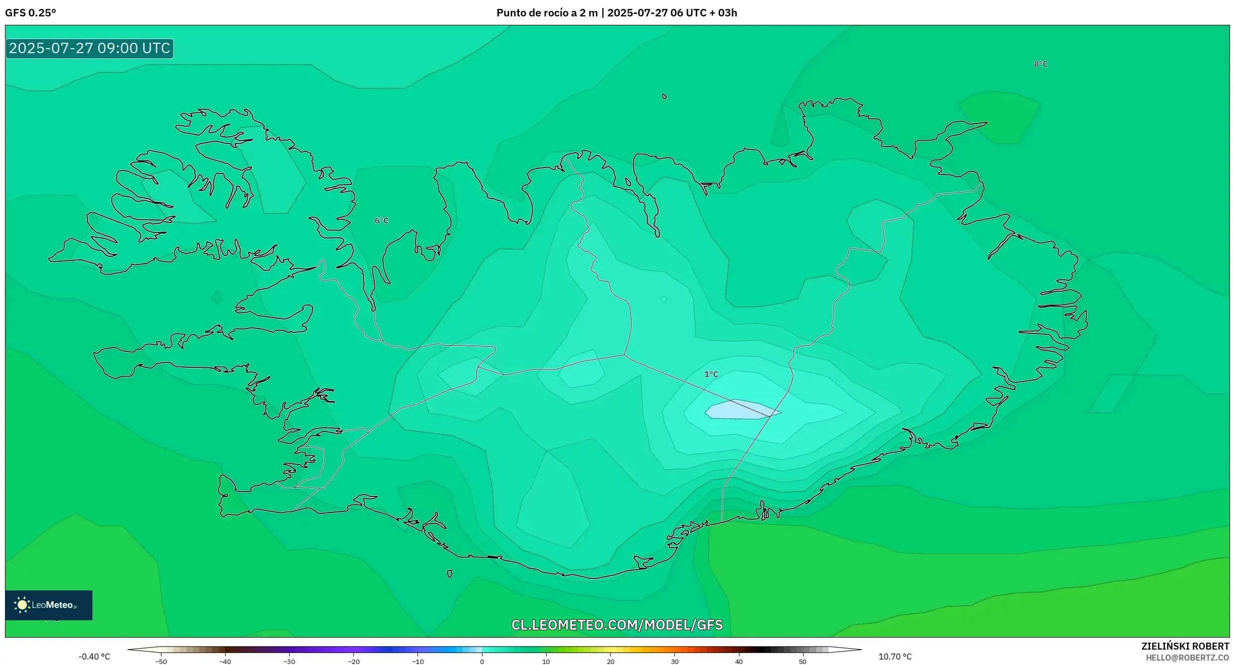 GFS model - Islandia, Punto de rocío a 2 m GFS model - Islandia, Punto de rocío a 2 m