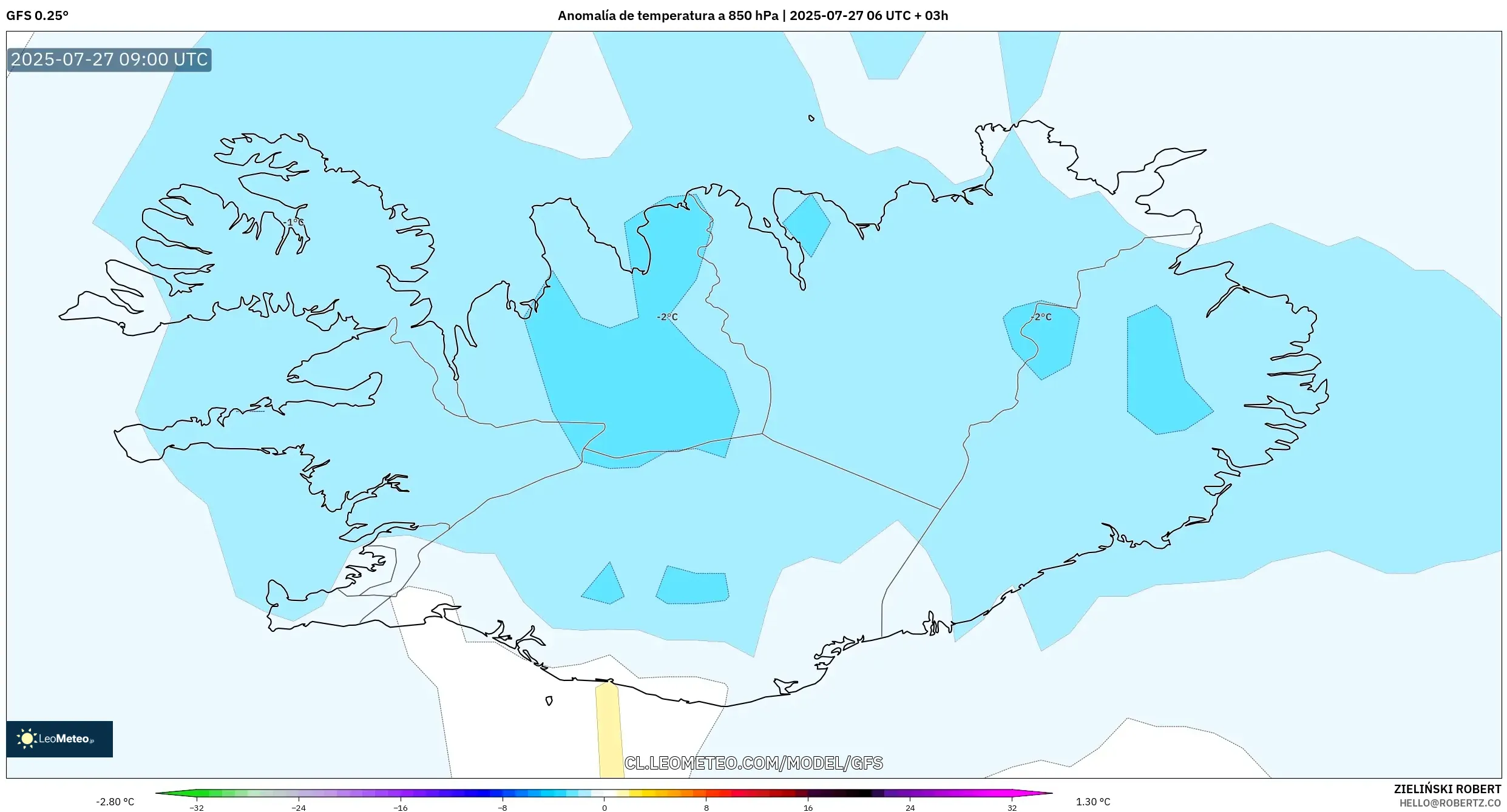 GFS model - Islandia, Anomalía de temperatura a 850 hPa GFS model - Islandia, Anomalía de temperatura a 850 hPa