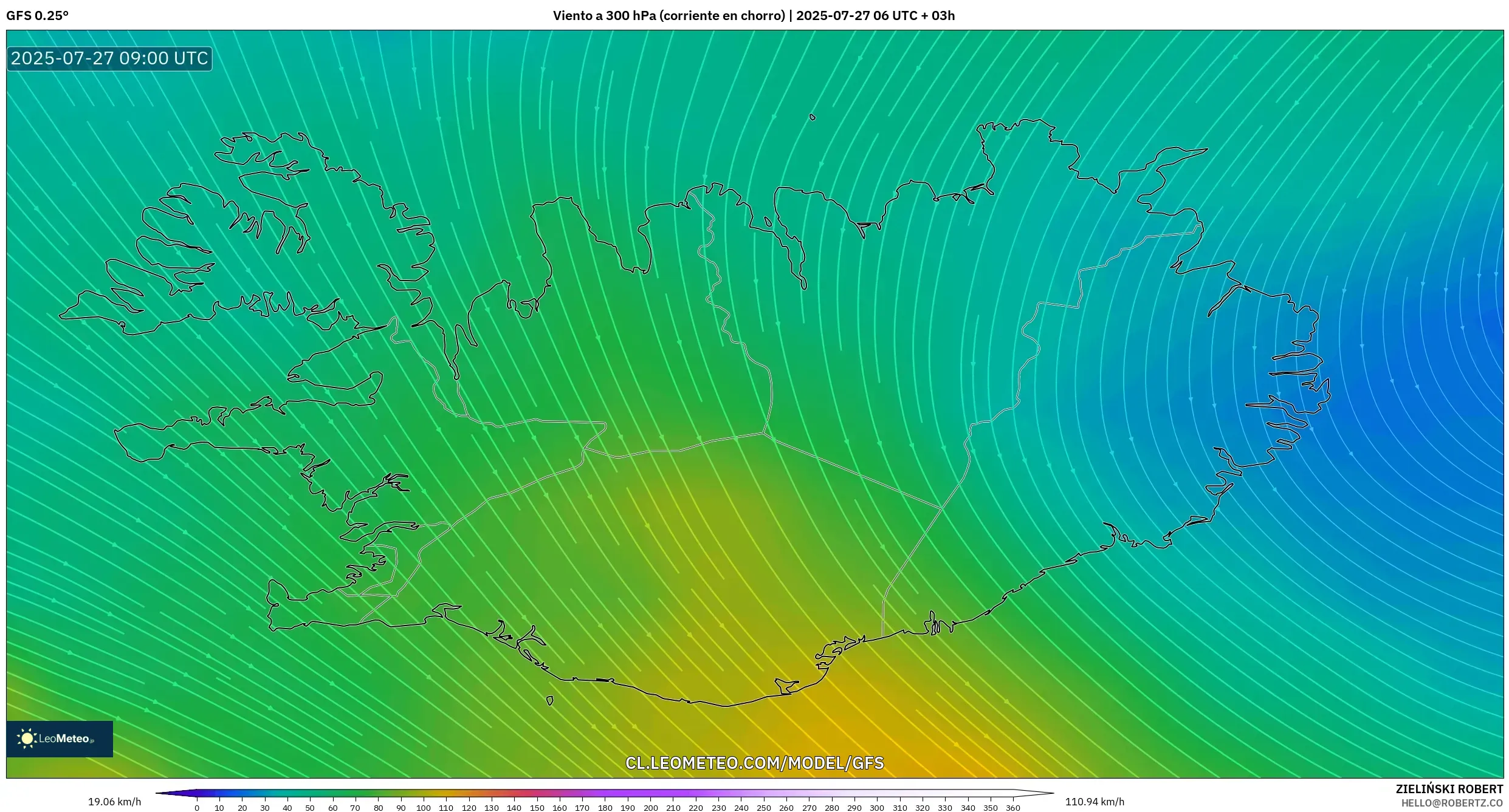 GFS model - Islandia, Viento a 300 hPa (corriente en chorro) GFS model - Islandia, Viento a 300 hPa (corriente en chorro)