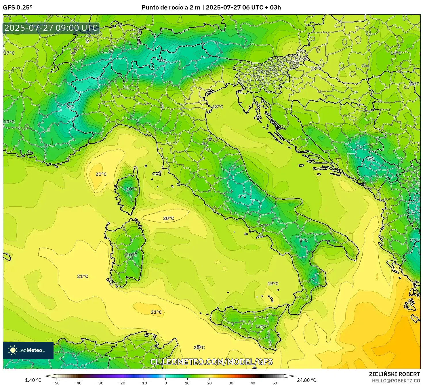 GFS model - Italia, Punto de rocío a 2 m GFS model - Italia, Punto de rocío a 2 m