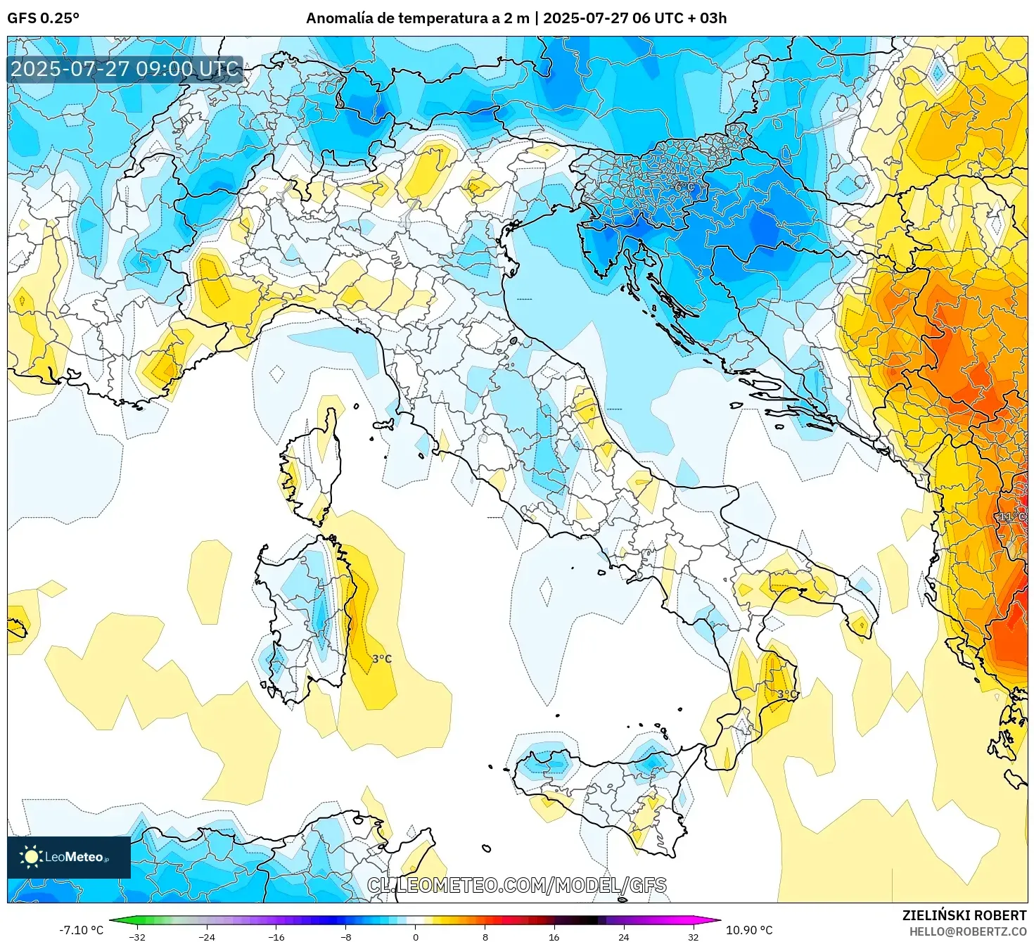 GFS model - Italia, Anomalía de temperatura a 2 m GFS model - Italia, Anomalía de temperatura a 2 m