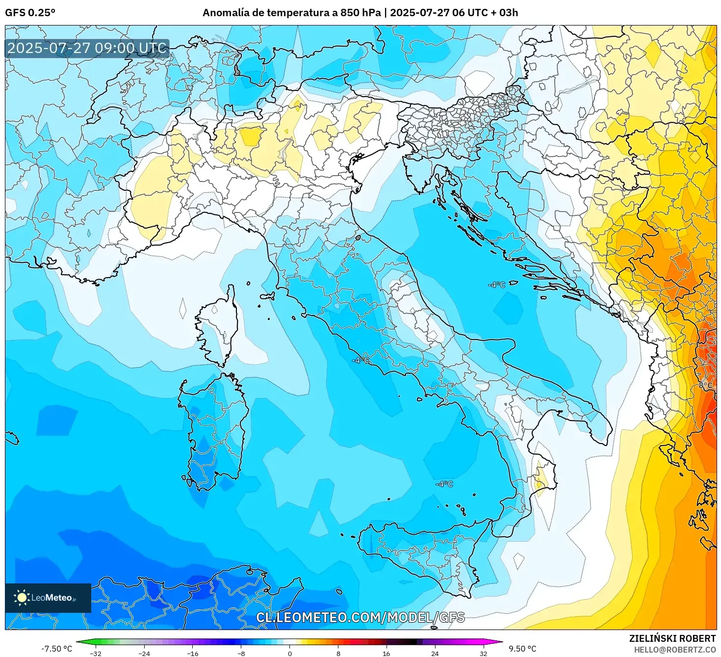 GFS model - Italia, Anomalía de temperatura a 850 hPa GFS model - Italia, Anomalía de temperatura a 850 hPa