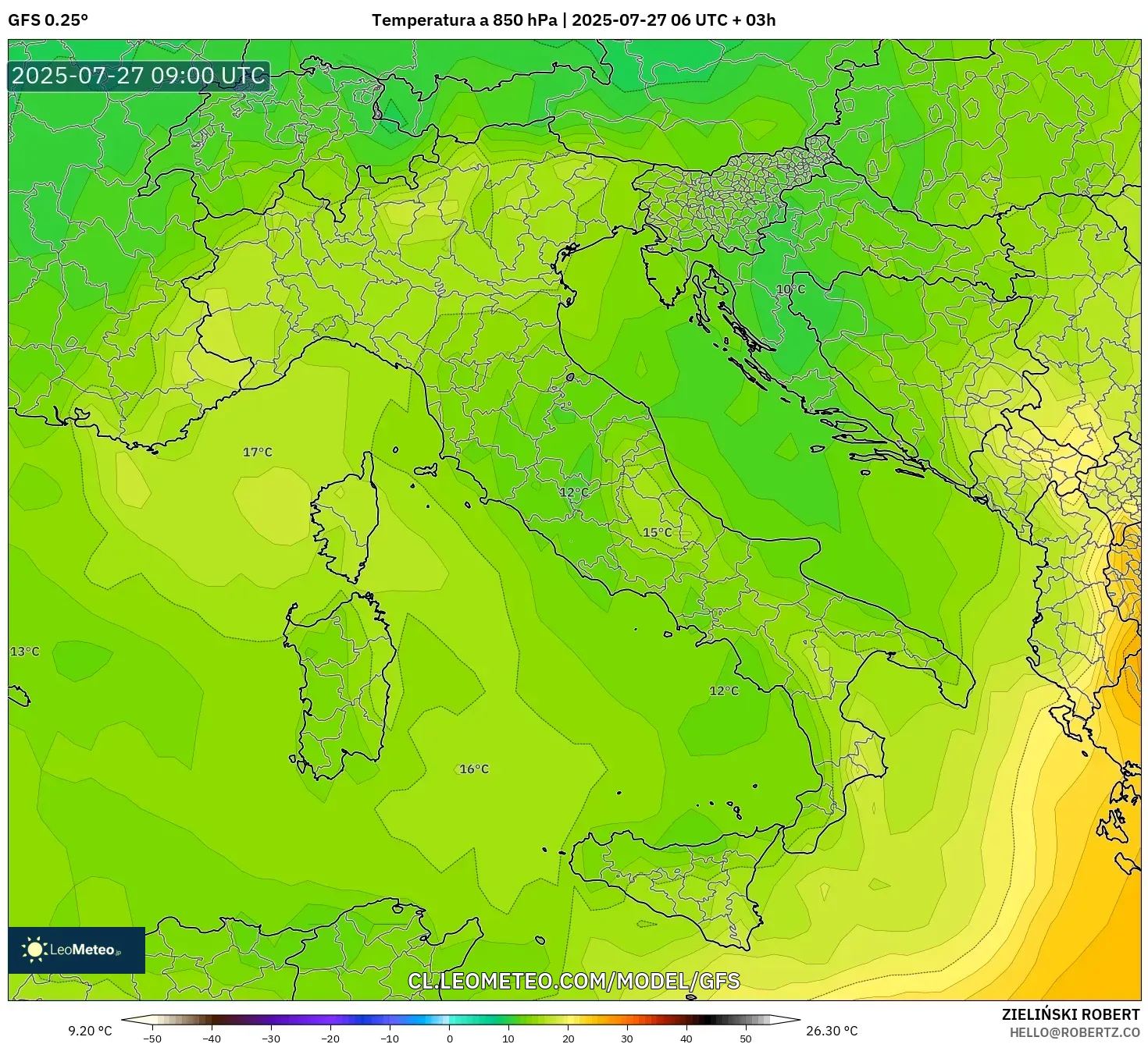 GFS model - Italia, Temperatura a 850 hPa GFS model - Italia, Temperatura a 850 hPa