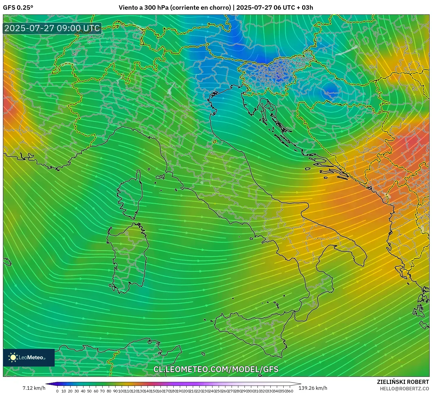 GFS model - Italia, Viento a 300 hPa (corriente en chorro) GFS model - Italia, Viento a 300 hPa (corriente en chorro)