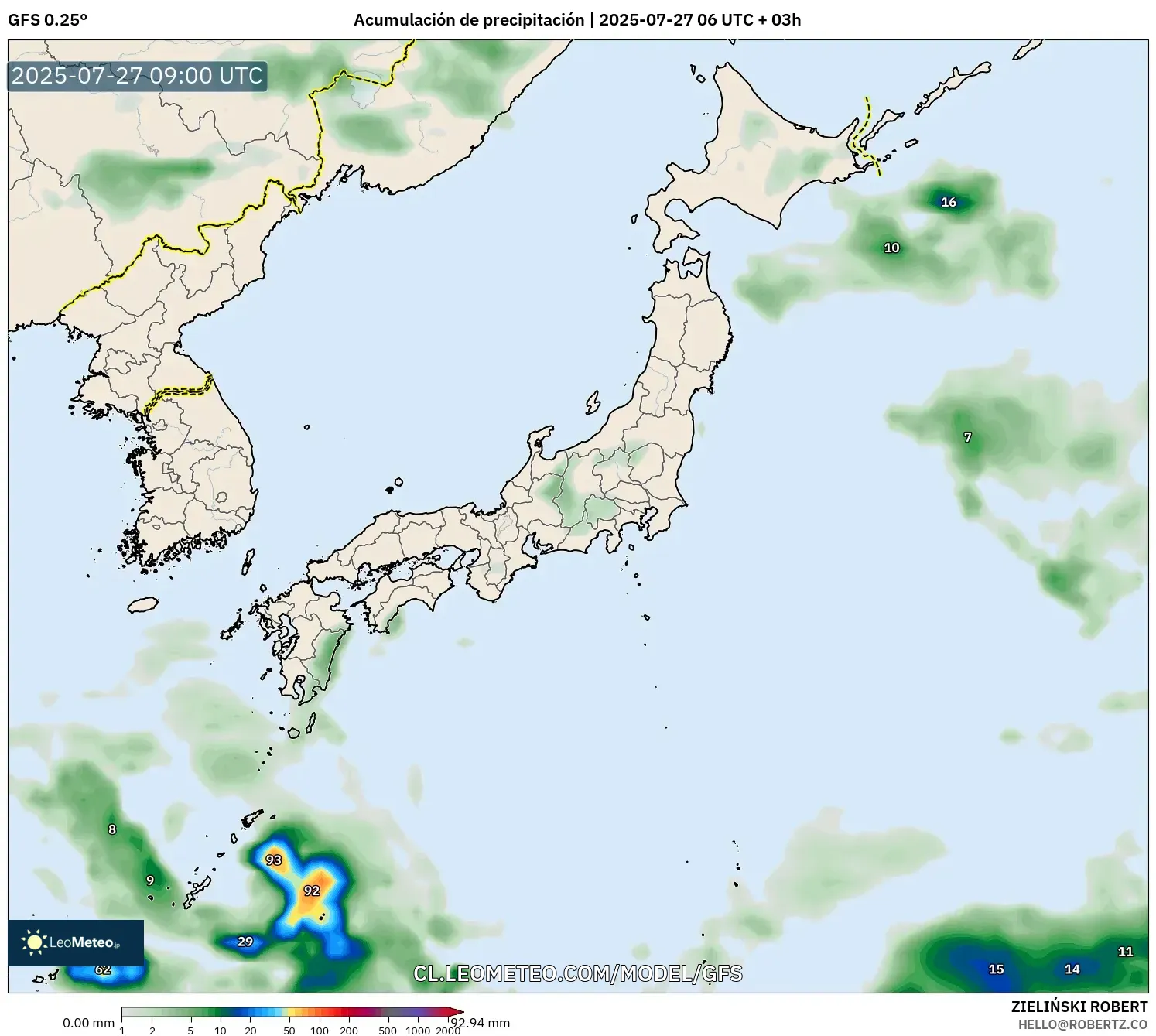 GFS model - Japón, Acumulación de precipitación GFS model - Japón, Acumulación de precipitación