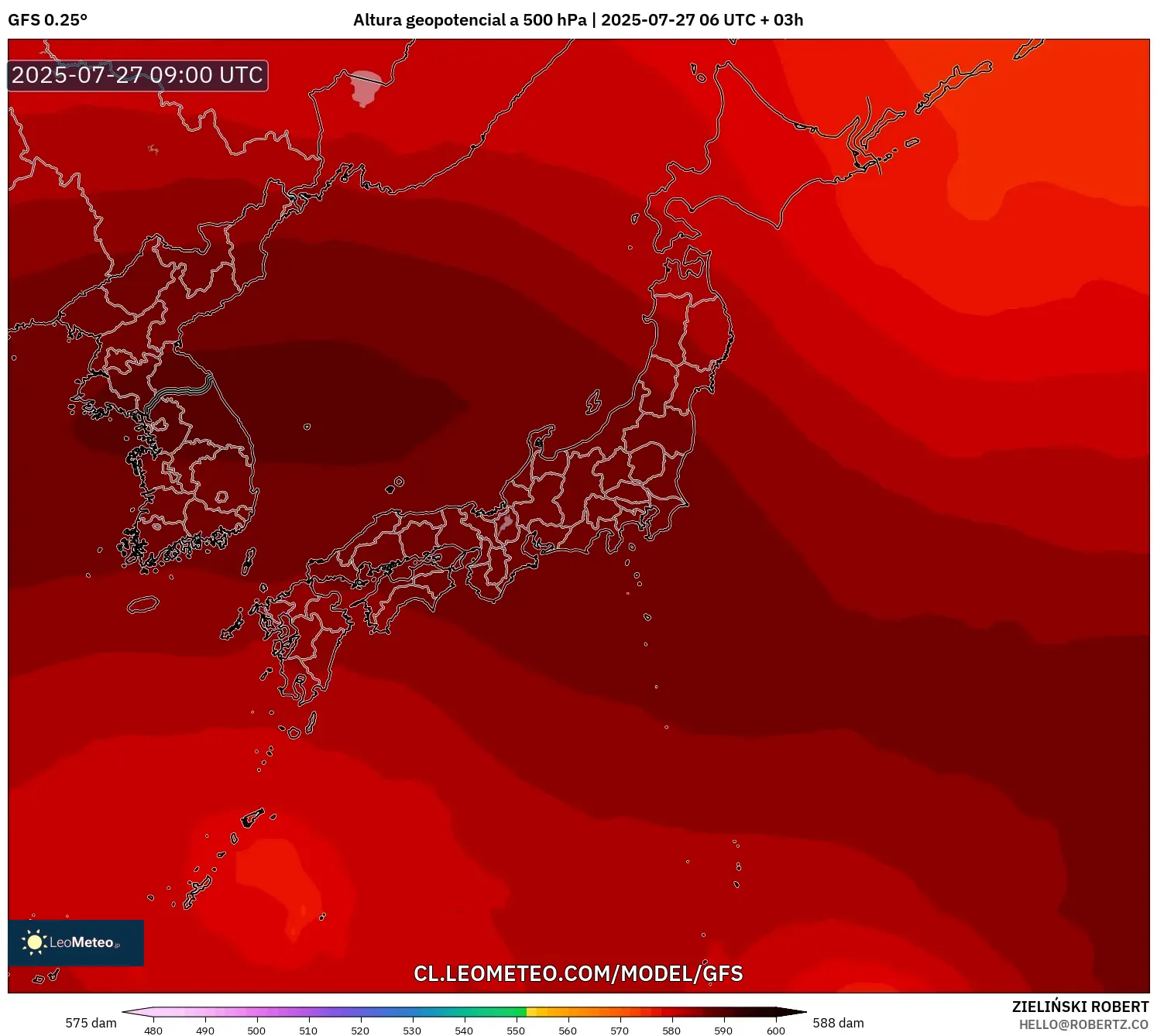 GFS model - Japón, Altura geopotencial a 500 hPa GFS model - Japón, Altura geopotencial a 500 hPa