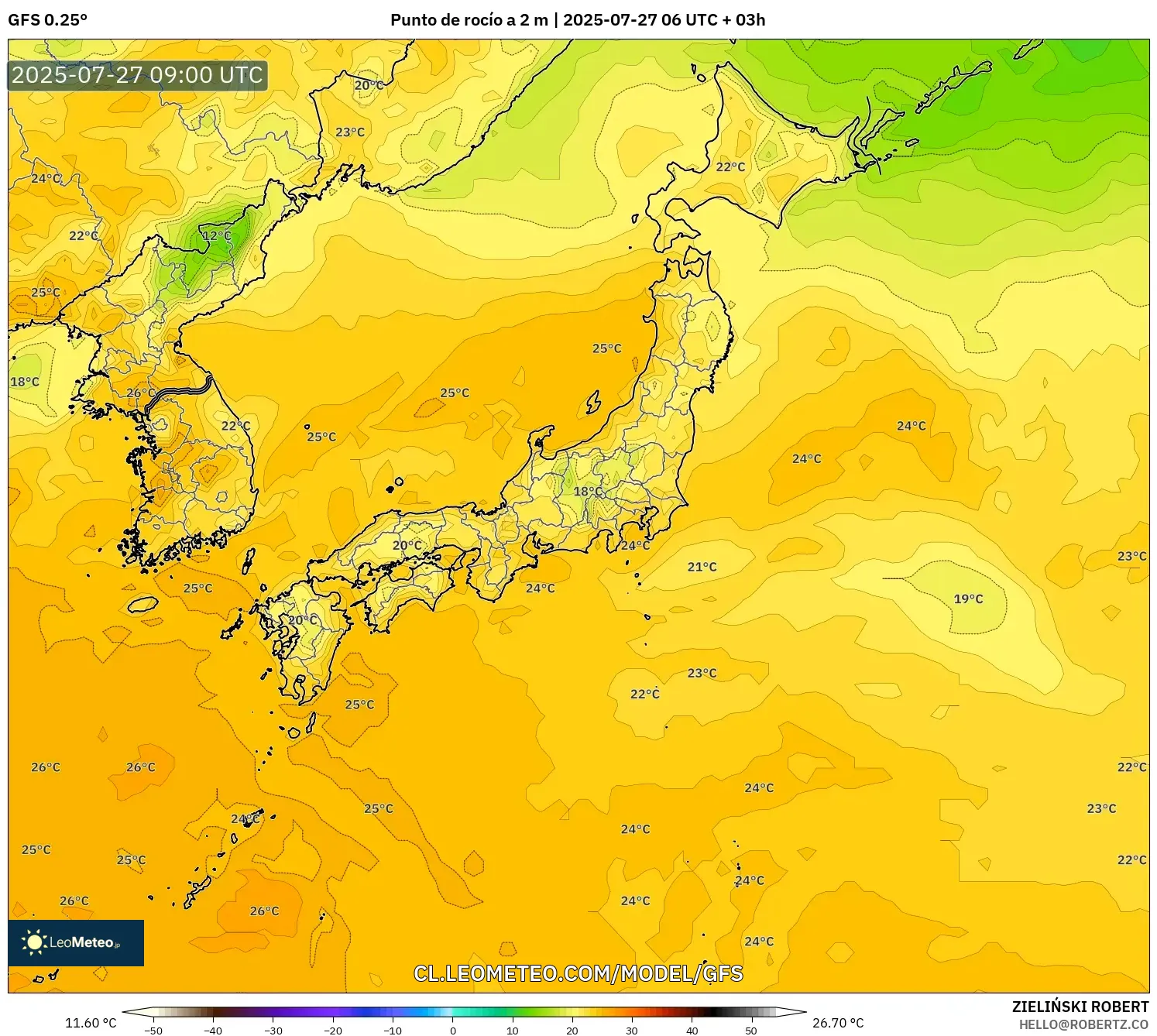 GFS model - Japón, Punto de rocío a 2 m GFS model - Japón, Punto de rocío a 2 m
