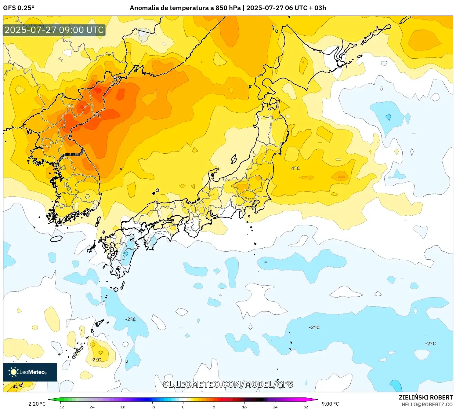 GFS model - Japón, Anomalía de temperatura a 850 hPa GFS model - Japón, Anomalía de temperatura a 850 hPa