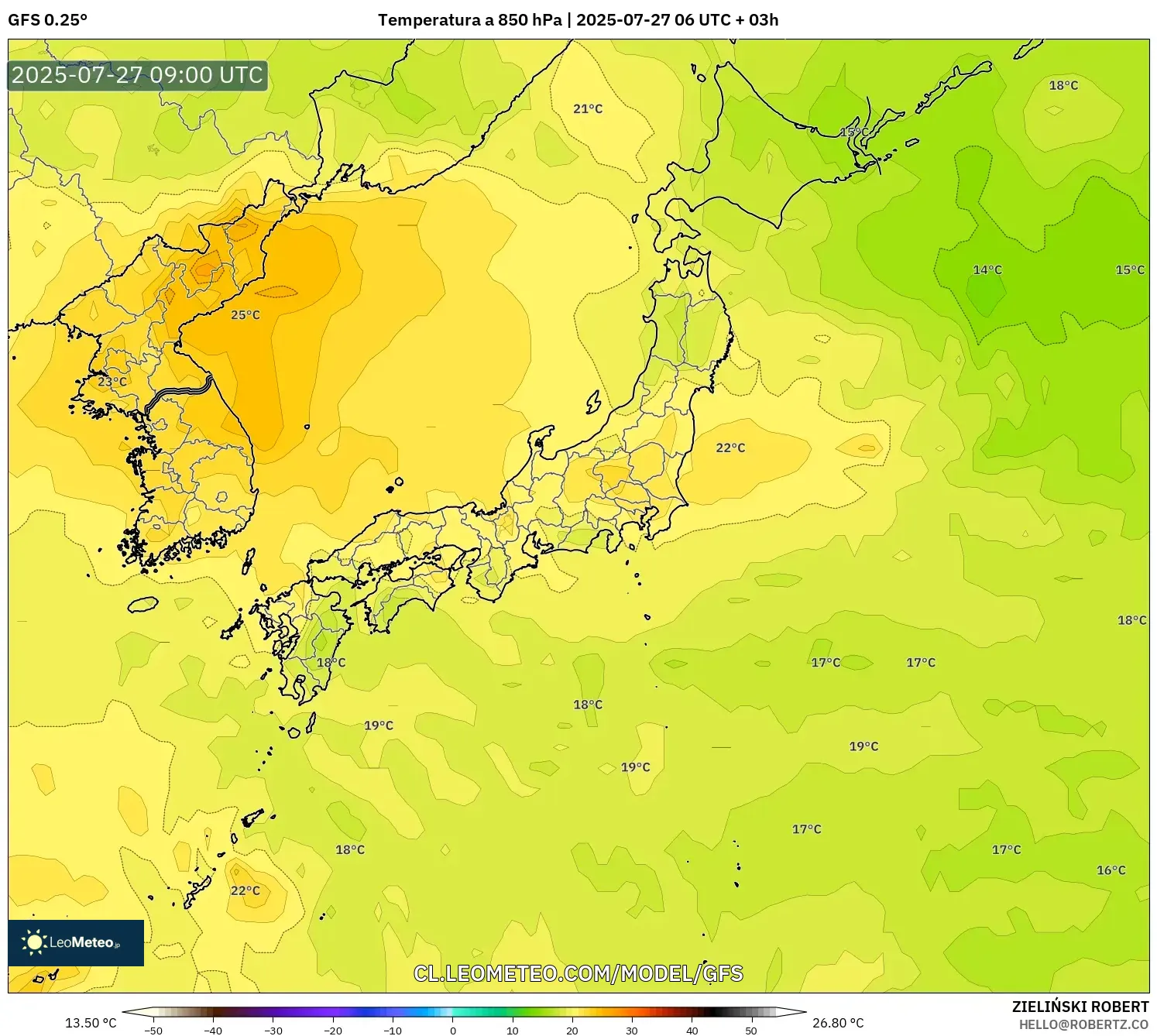 GFS model - Japón, Temperatura a 850 hPa GFS model - Japón, Temperatura a 850 hPa