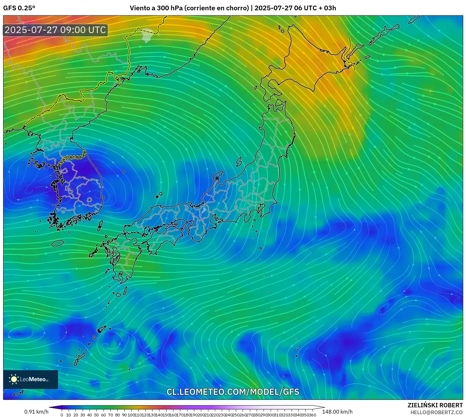 GFS model - Japón, Viento a 300 hPa (corriente en chorro) GFS model - Japón, Viento a 300 hPa (corriente en chorro)