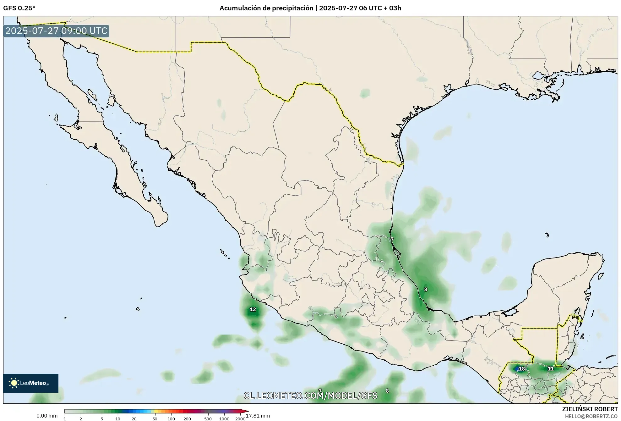 GFS model - México, Acumulación de precipitación GFS model - México, Acumulación de precipitación
