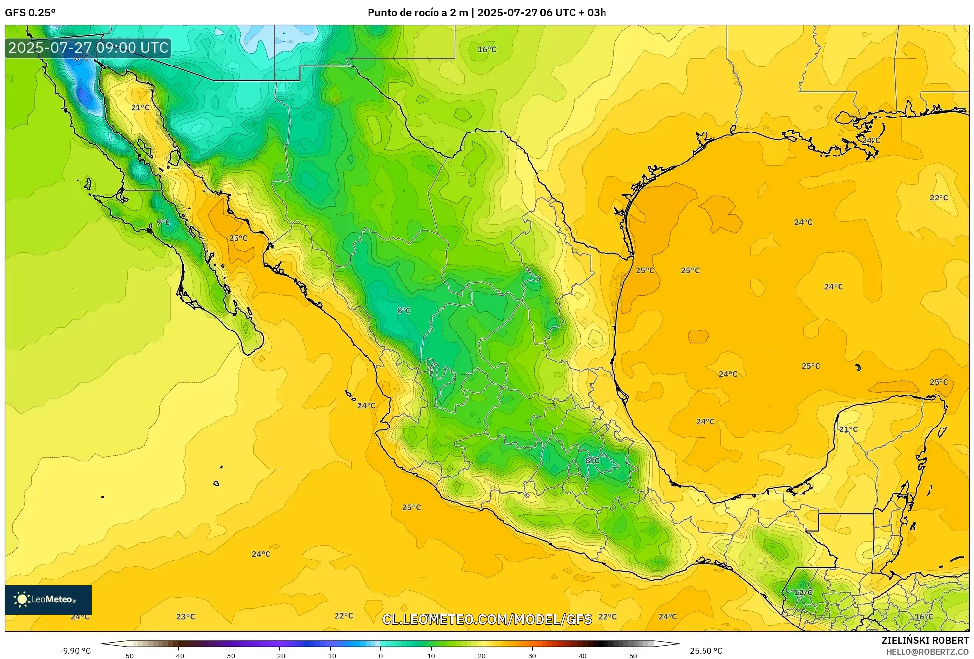 GFS model - México, Punto de rocío a 2 m GFS model - México, Punto de rocío a 2 m