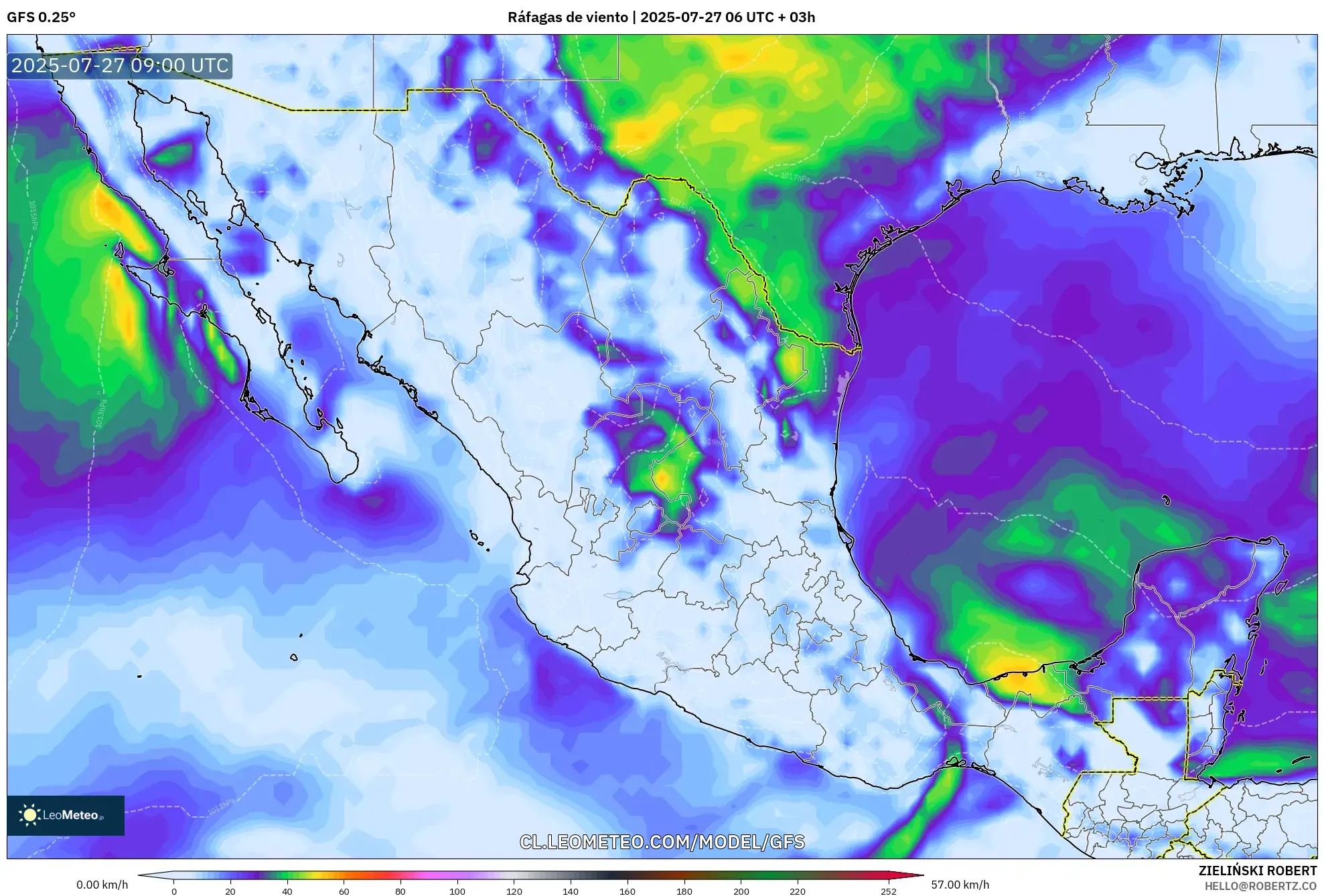 GFS model - México, Ráfagas de viento GFS model - México, Ráfagas de viento