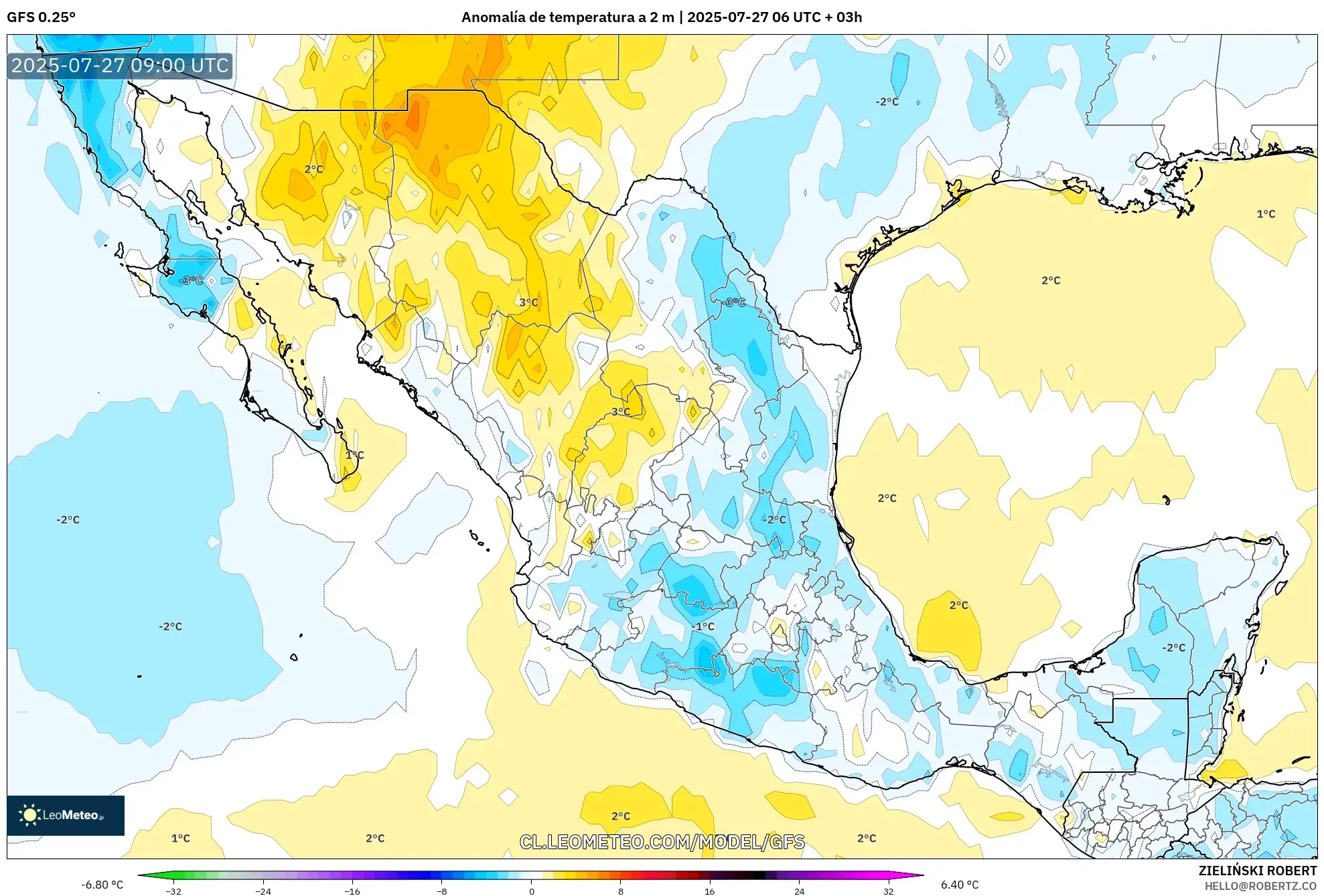 GFS model - México, Anomalía de temperatura a 2 m GFS model - México, Anomalía de temperatura a 2 m