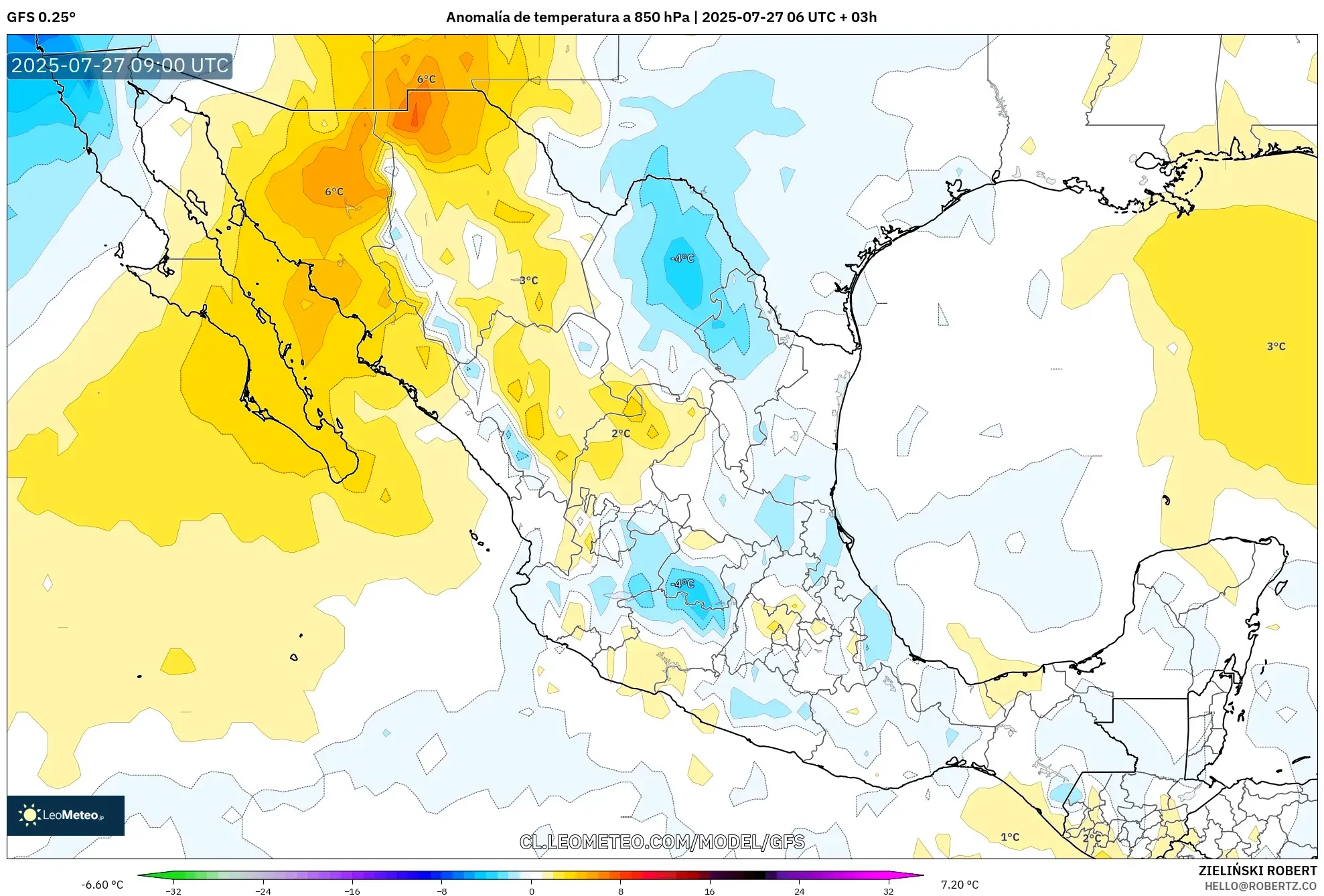 GFS model - México, Anomalía de temperatura a 850 hPa GFS model - México, Anomalía de temperatura a 850 hPa