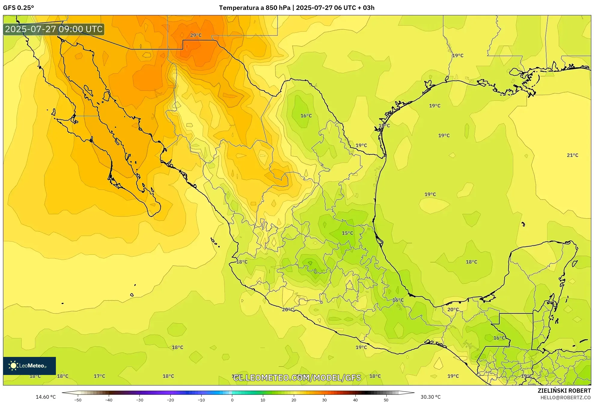 GFS model - México, Temperatura a 850 hPa GFS model - México, Temperatura a 850 hPa