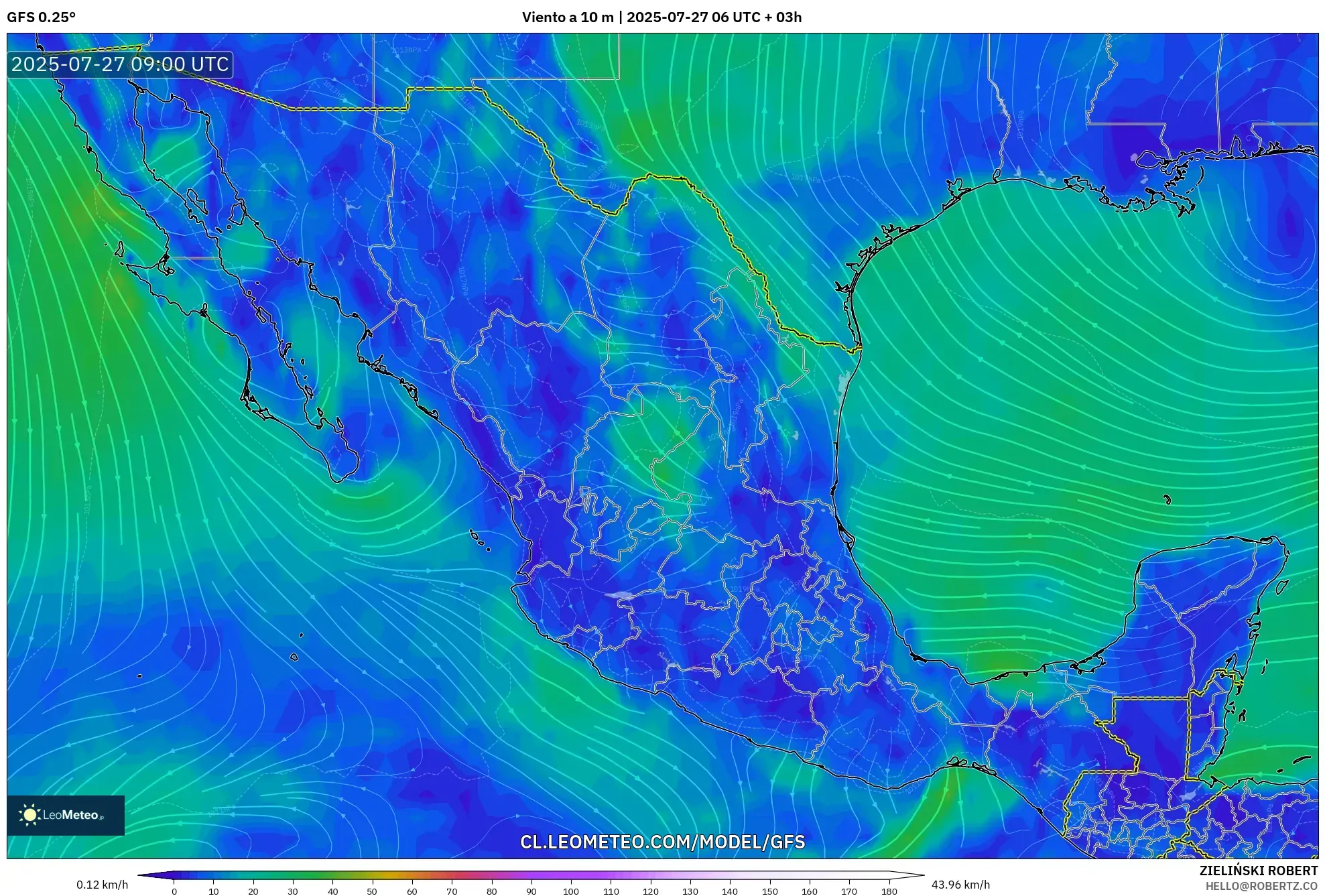 GFS model - México, Viento a 10 m GFS model - México, Viento a 10 m