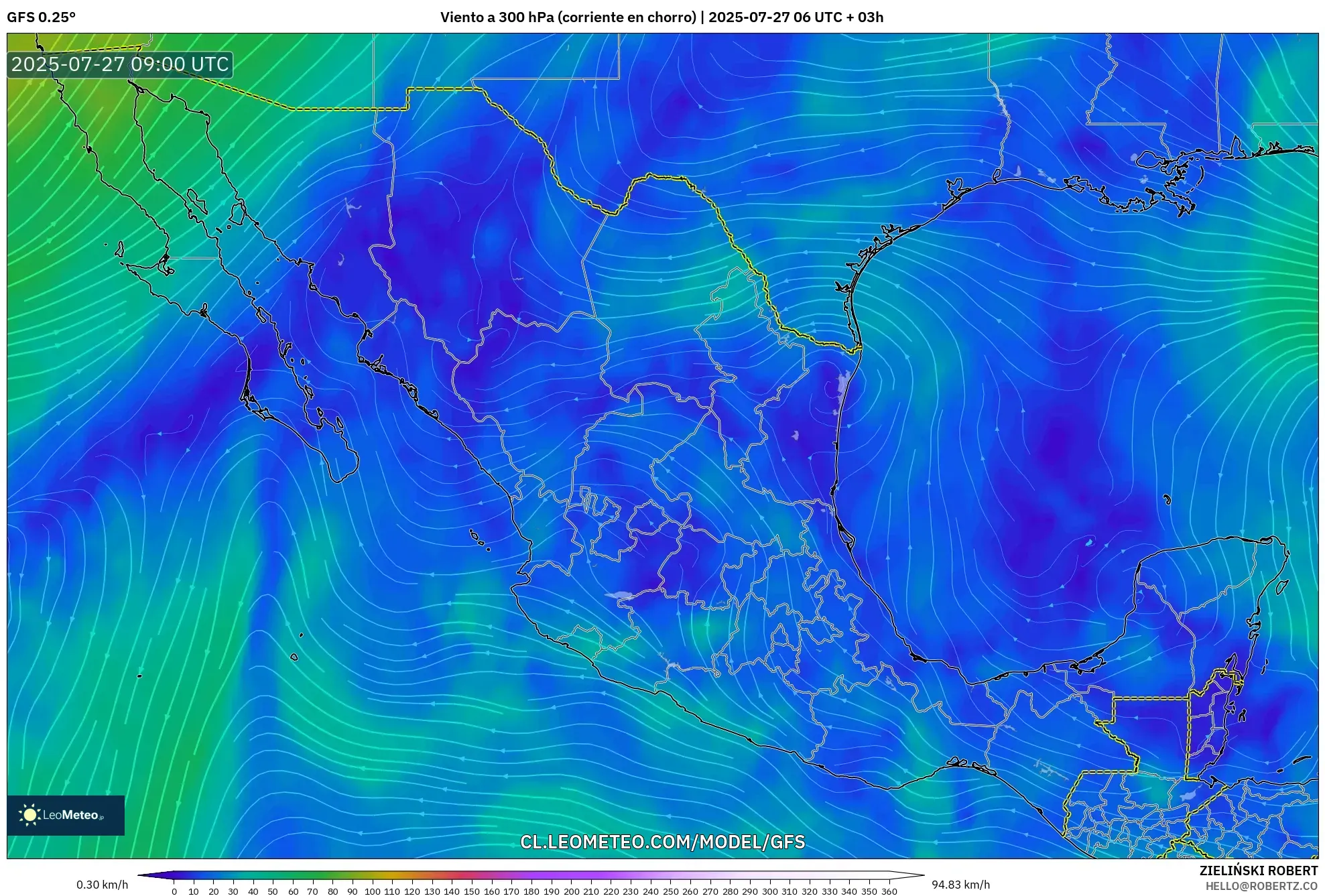 GFS model - México, Viento a 300 hPa (corriente en chorro) GFS model - México, Viento a 300 hPa (corriente en chorro)