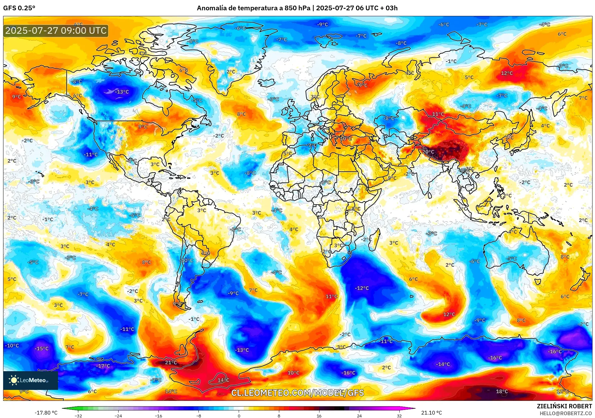 GFS model - Mundo, Anomalía de temperatura a 850 hPa GFS model - Mundo, Anomalía de temperatura a 850 hPa