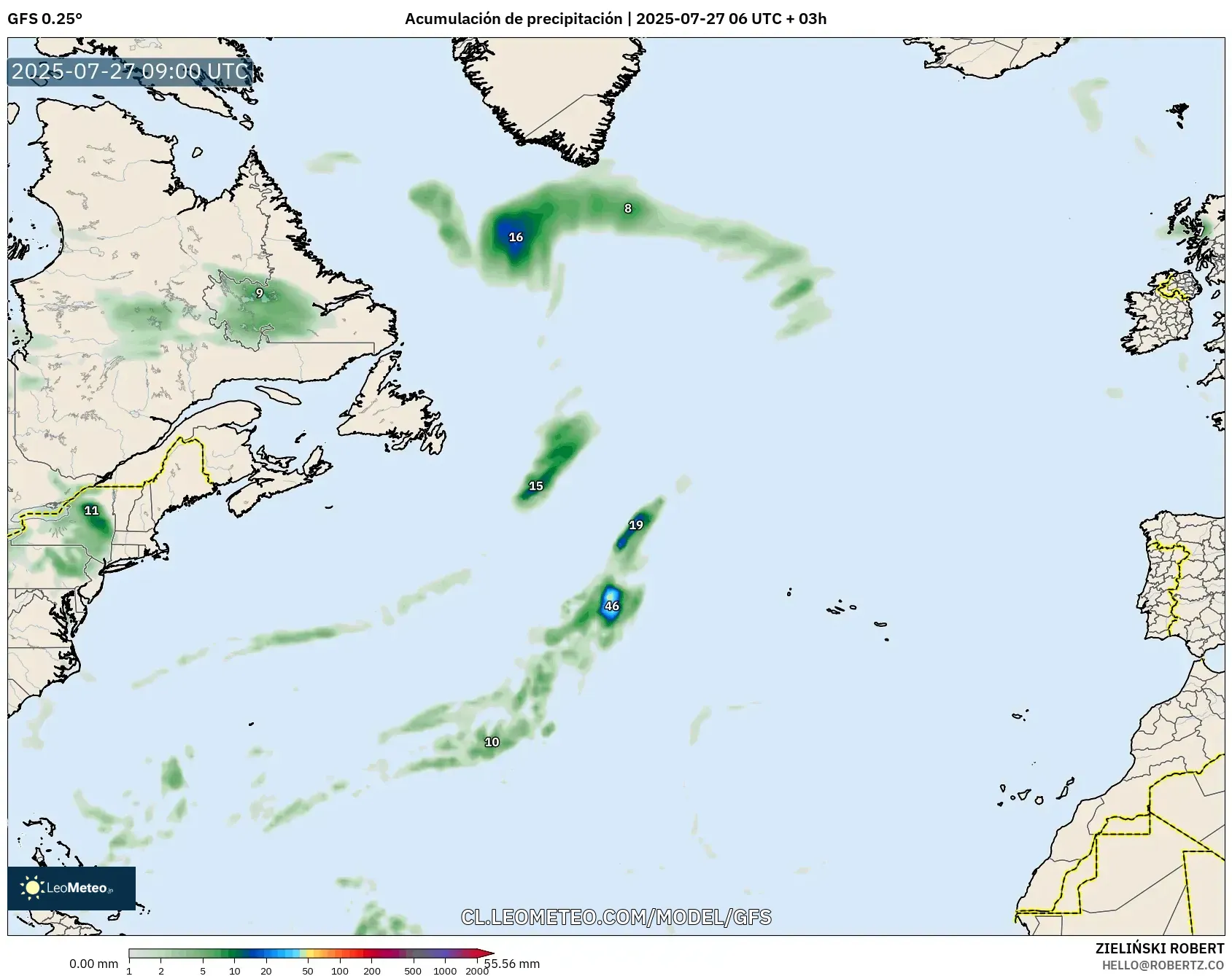 GFS model - Norte Atlántico, Acumulación de precipitación GFS model - Norte Atlántico, Acumulación de precipitación