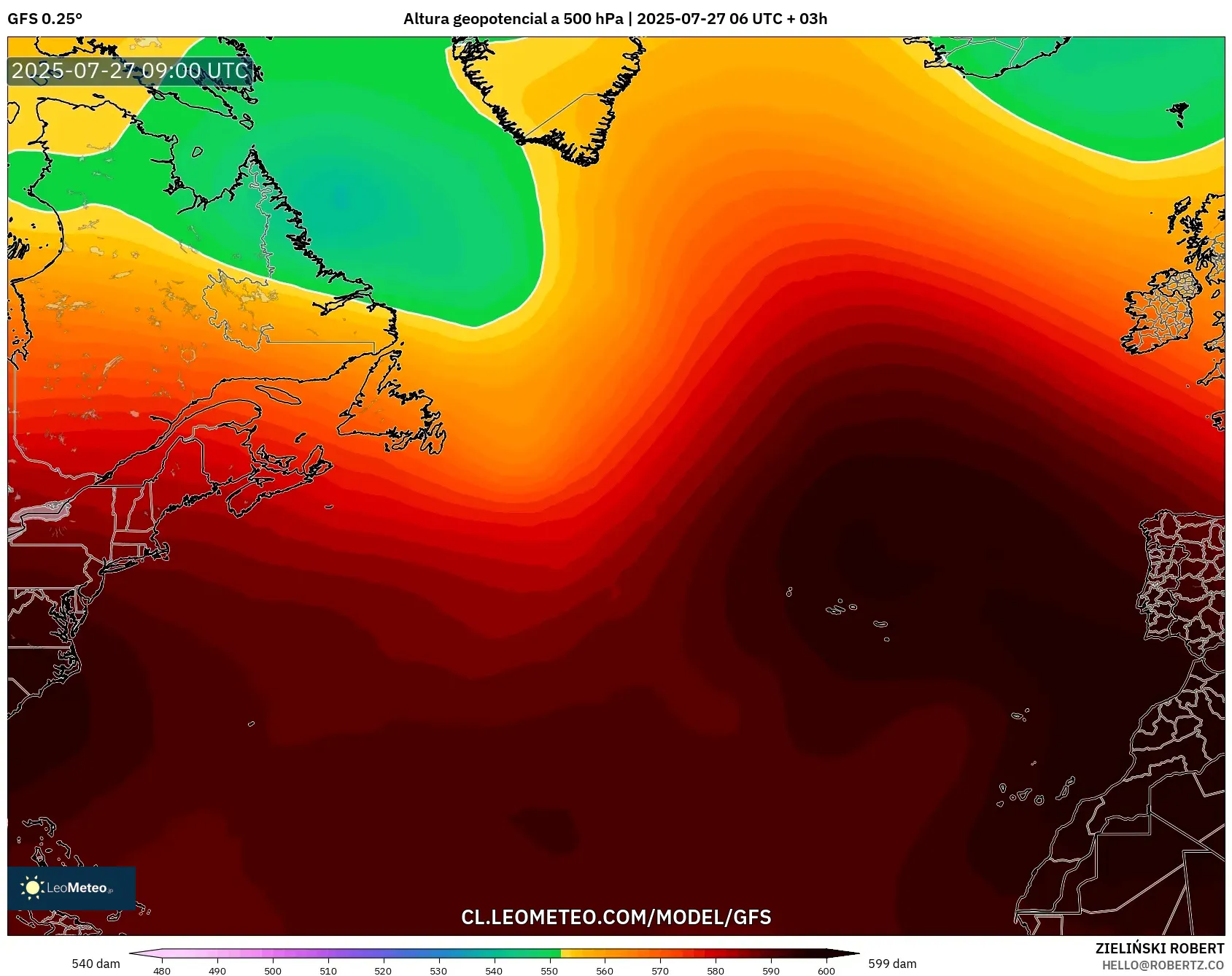 GFS model - Norte Atlántico, Altura geopotencial a 500 hPa GFS model - Norte Atlántico, Altura geopotencial a 500 hPa