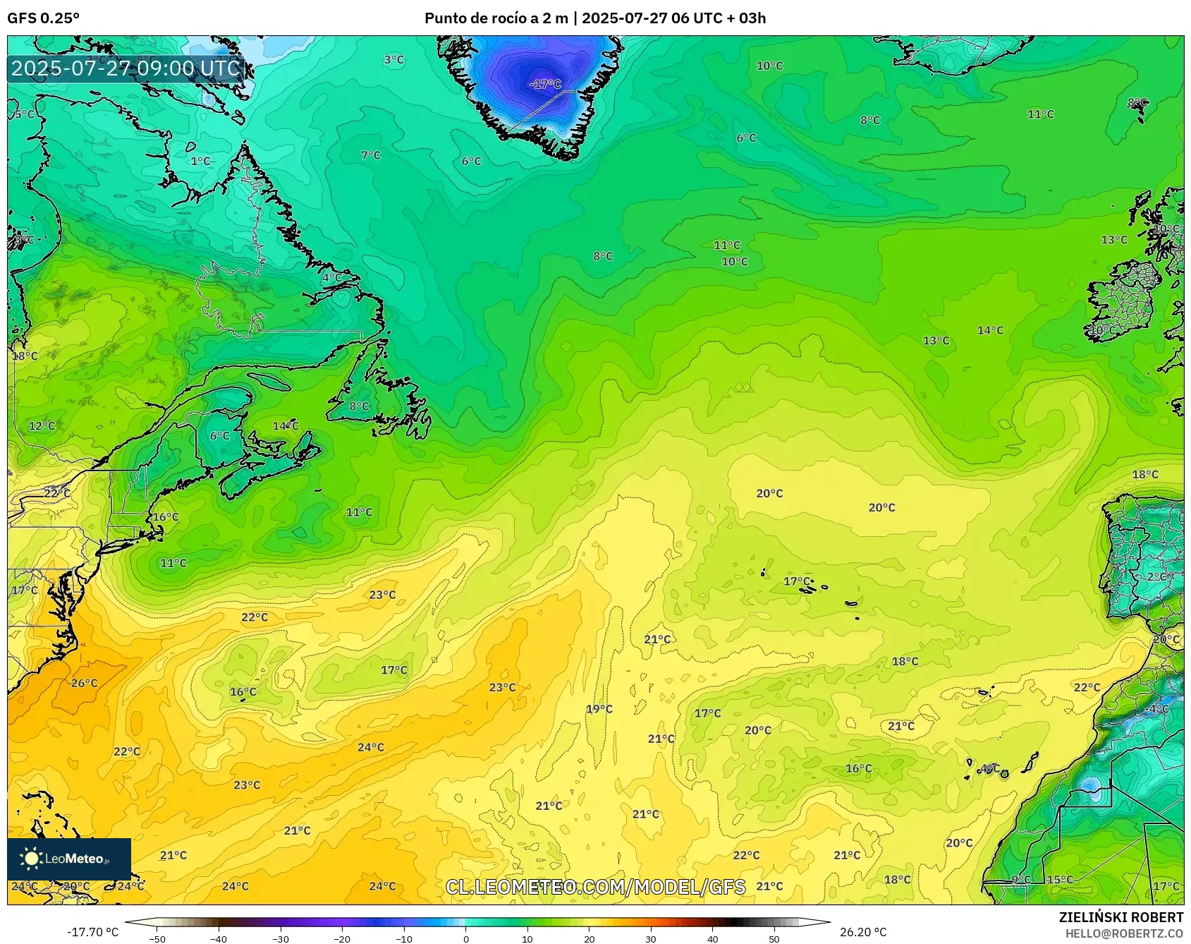 GFS model - Norte Atlántico, Punto de rocío a 2 m GFS model - Norte Atlántico, Punto de rocío a 2 m