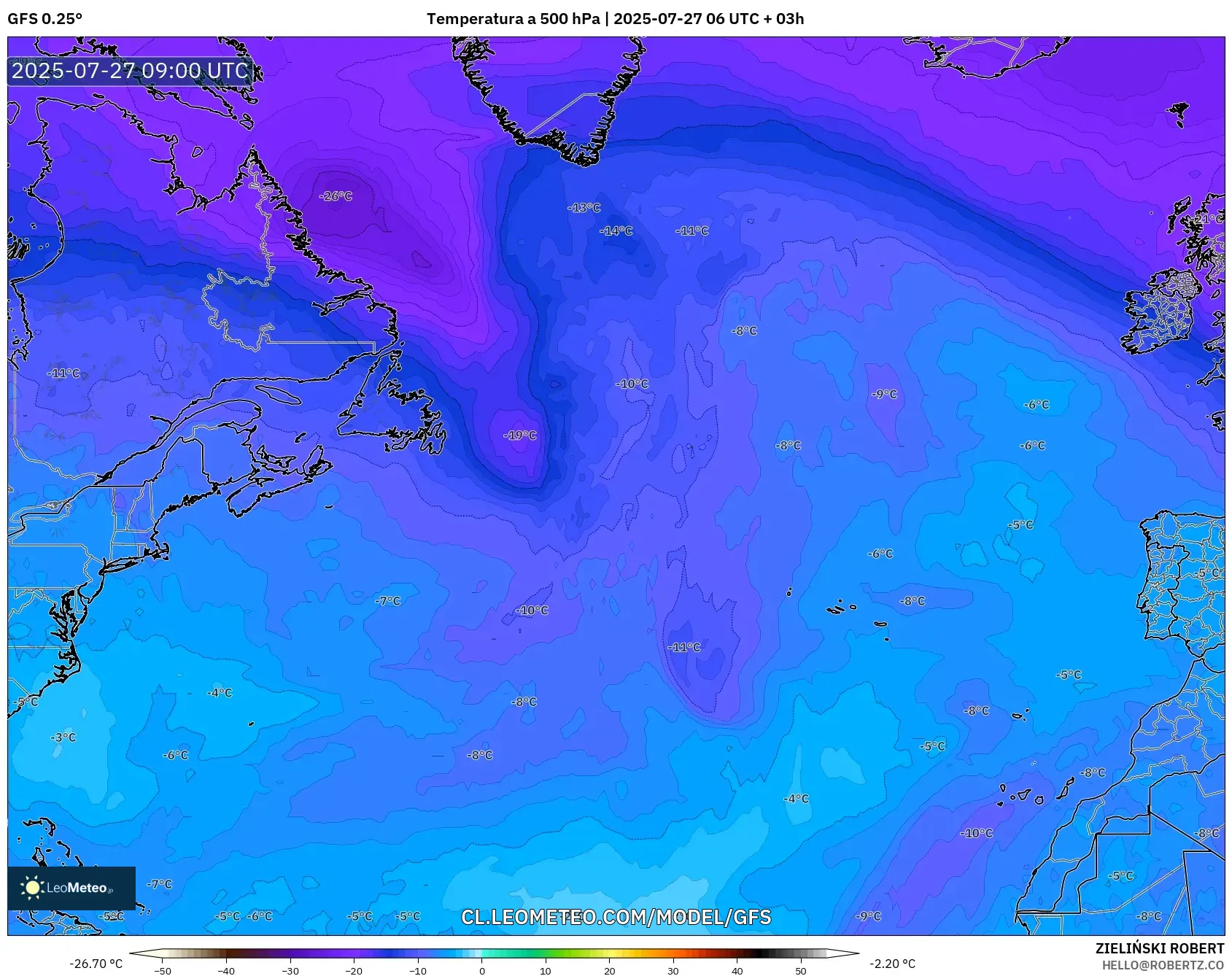 GFS model - Norte Atlántico, Temperatura a 500 hPa GFS model - Norte Atlántico, Temperatura a 500 hPa