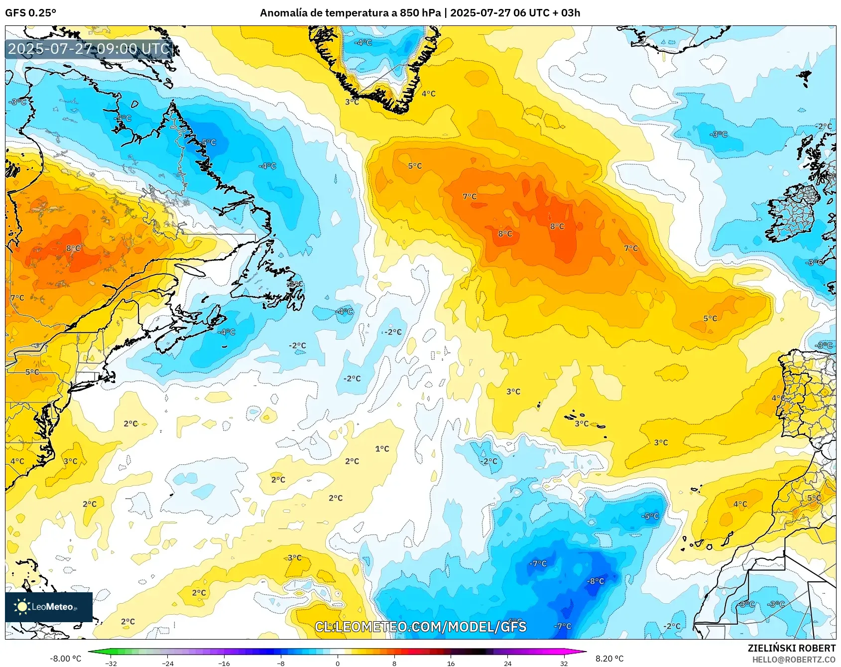 GFS model - Norte Atlántico, Anomalía de temperatura a 850 hPa GFS model - Norte Atlántico, Anomalía de temperatura a 850 hPa