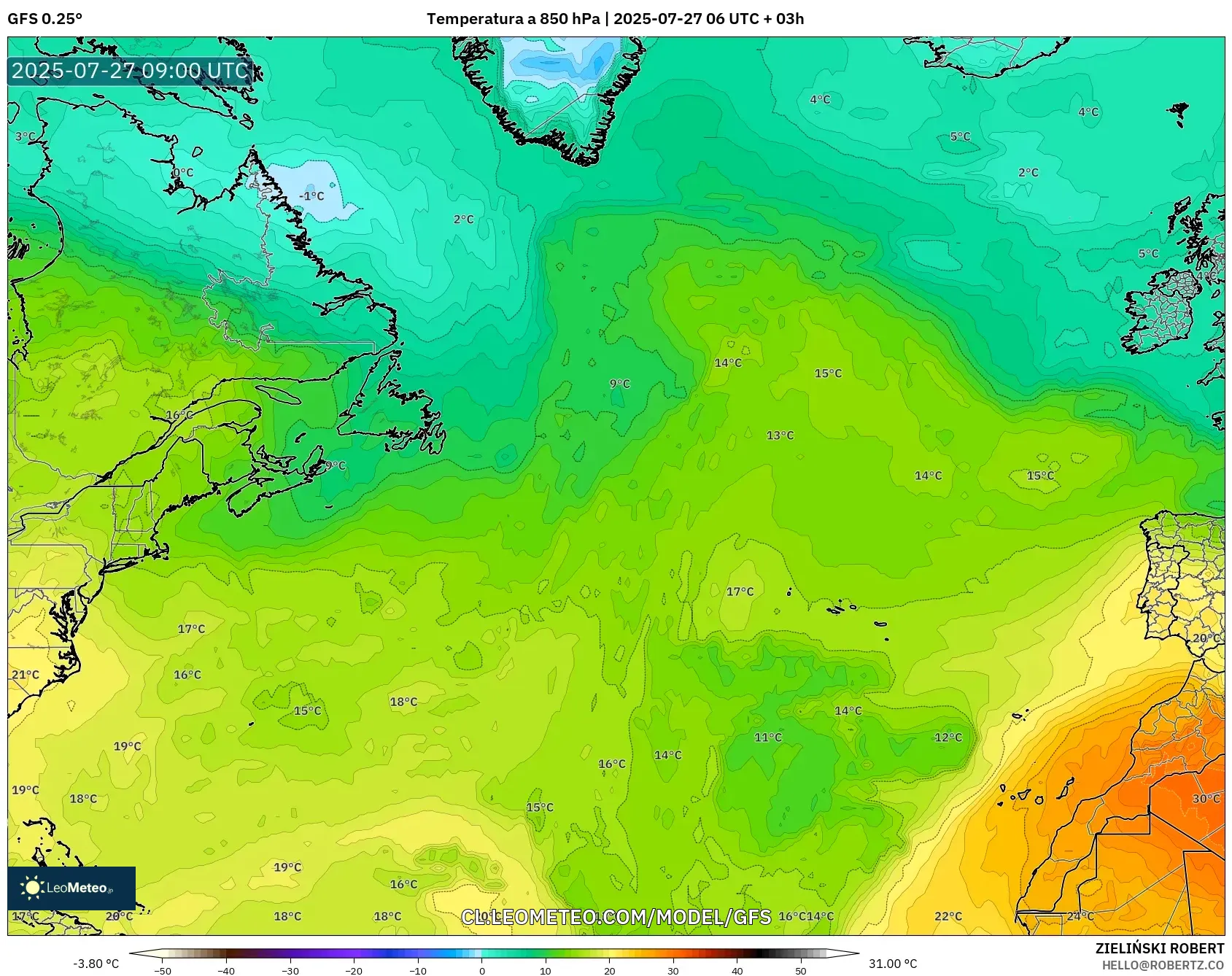 GFS model - Norte Atlántico, Temperatura a 850 hPa