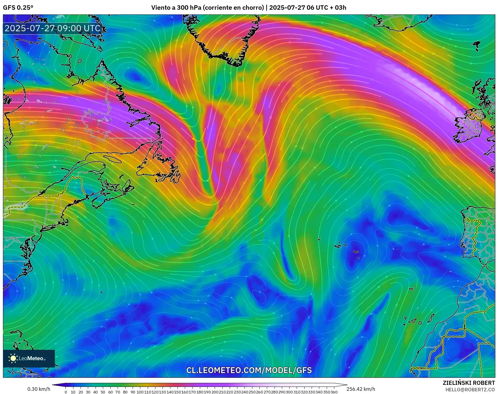 GFS model - Norte Atlántico, Viento a 300 hPa (corriente en chorro) GFS model - Norte Atlántico, Viento a 300 hPa (corriente en chorro)