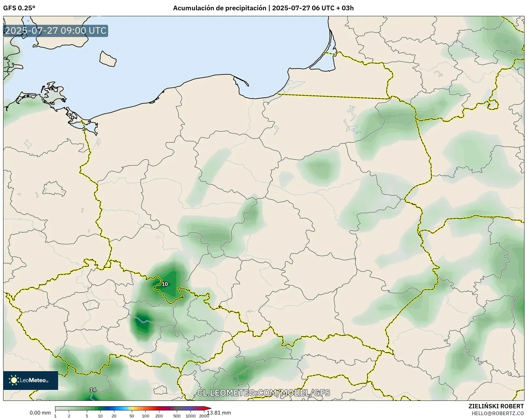 GFS model - Polonia, Acumulación de precipitación GFS model - Polonia, Acumulación de precipitación